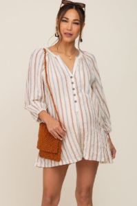 Ivory Striped Front Button Maternity Romper sold by Pinkblush