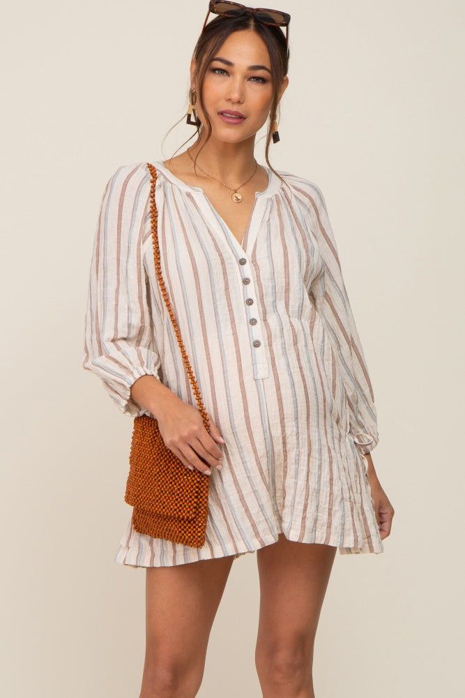 Ivory Striped Front Button Maternity Romper sold by Pinkblush product image thumbnail 2