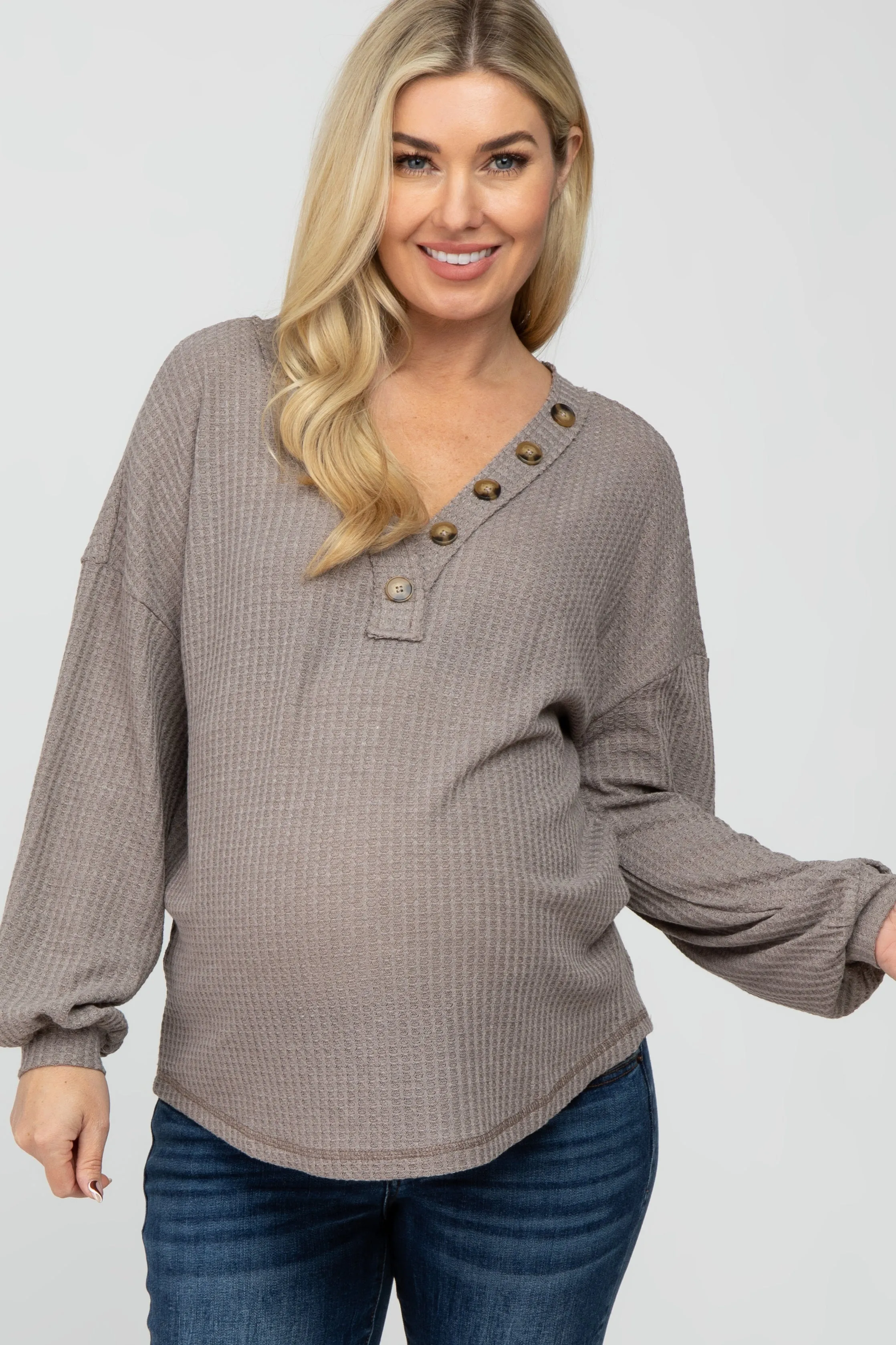 Mocha Waffle Knit Button Accent Maternity Top sold by Pinkblush
