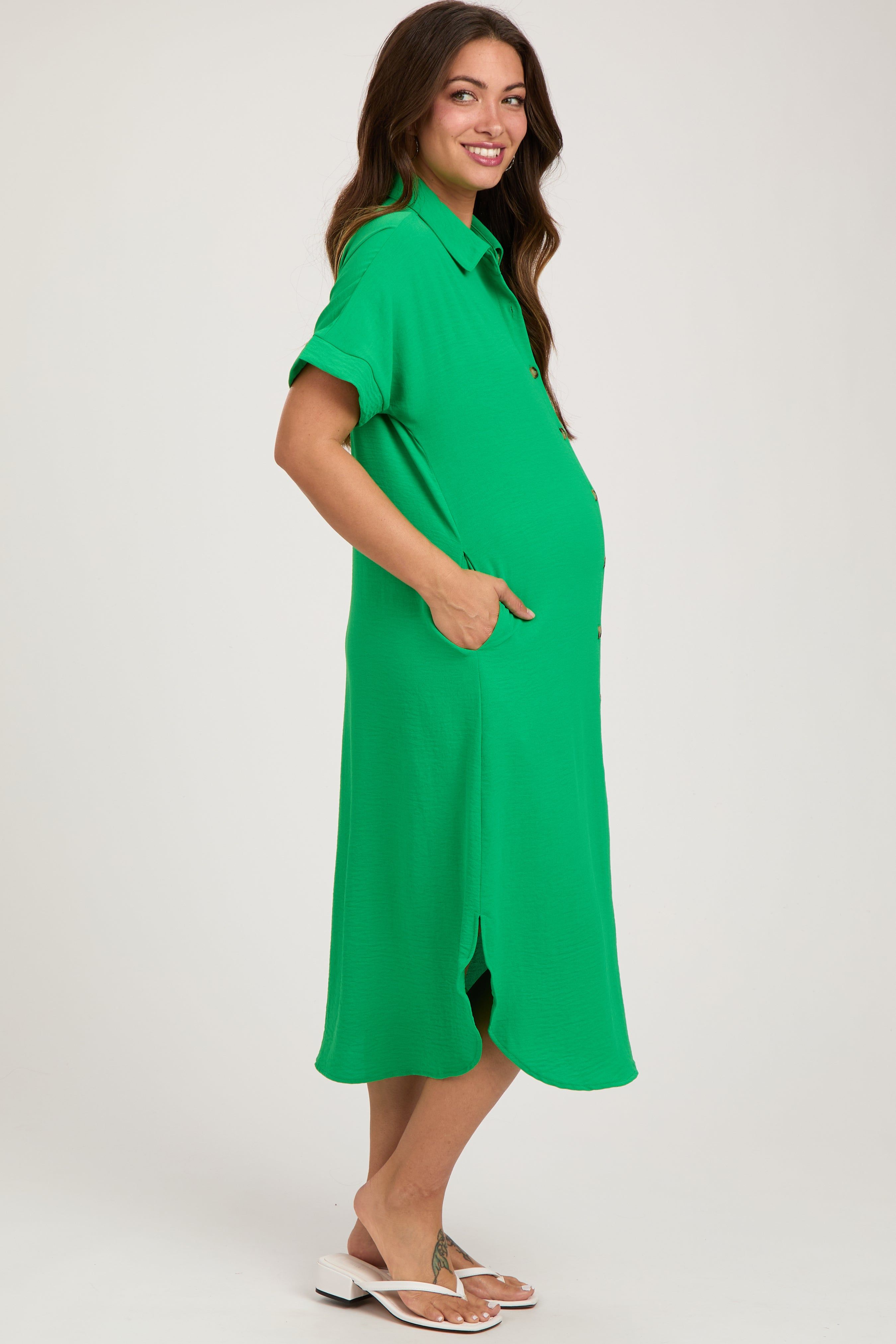Green Button Down Front Pocket Maternity Midi Dress sold by Pinkblush product image thumbnail 2