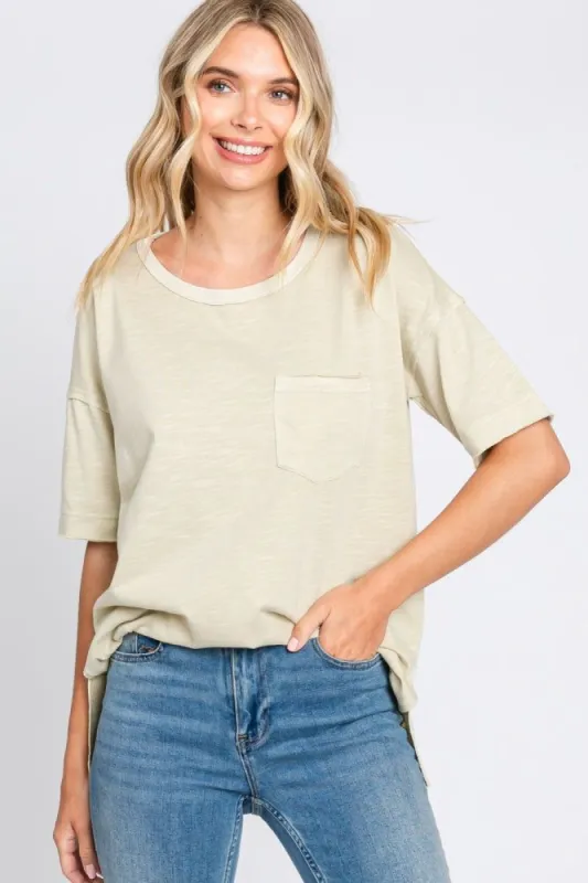 Beige Raw Hem Front Pocket T-Shirt sold by Pinkblush