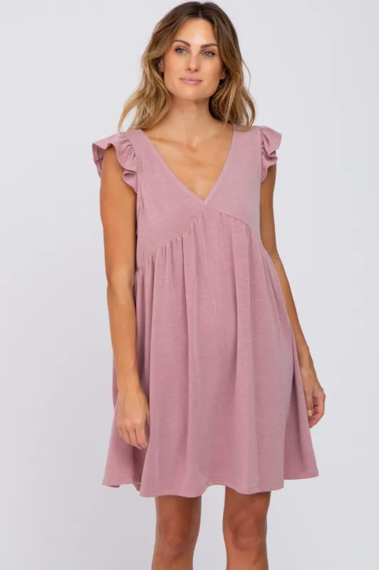 Mauve Heathered Flutter Sleeve Dress sold by Pinkblush