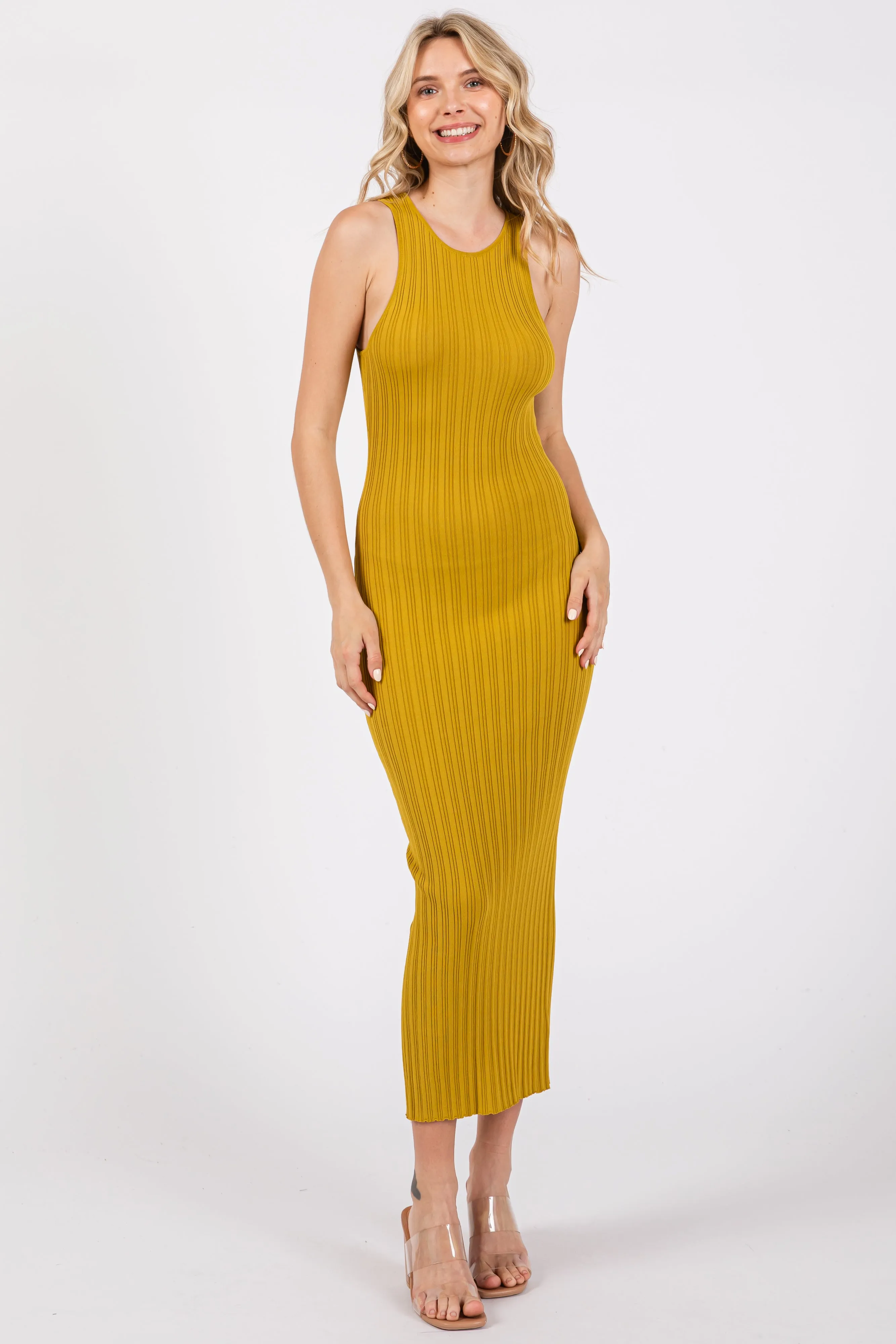 Yellow Ribbed Sleeveless Back Slit Midi Dress sold by Pinkblush