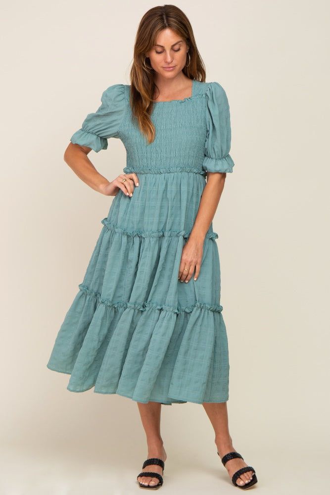 Teal Smocked Puff Sleeve Tiered Midi Dress sold by Pinkblush product image thumbnail 4