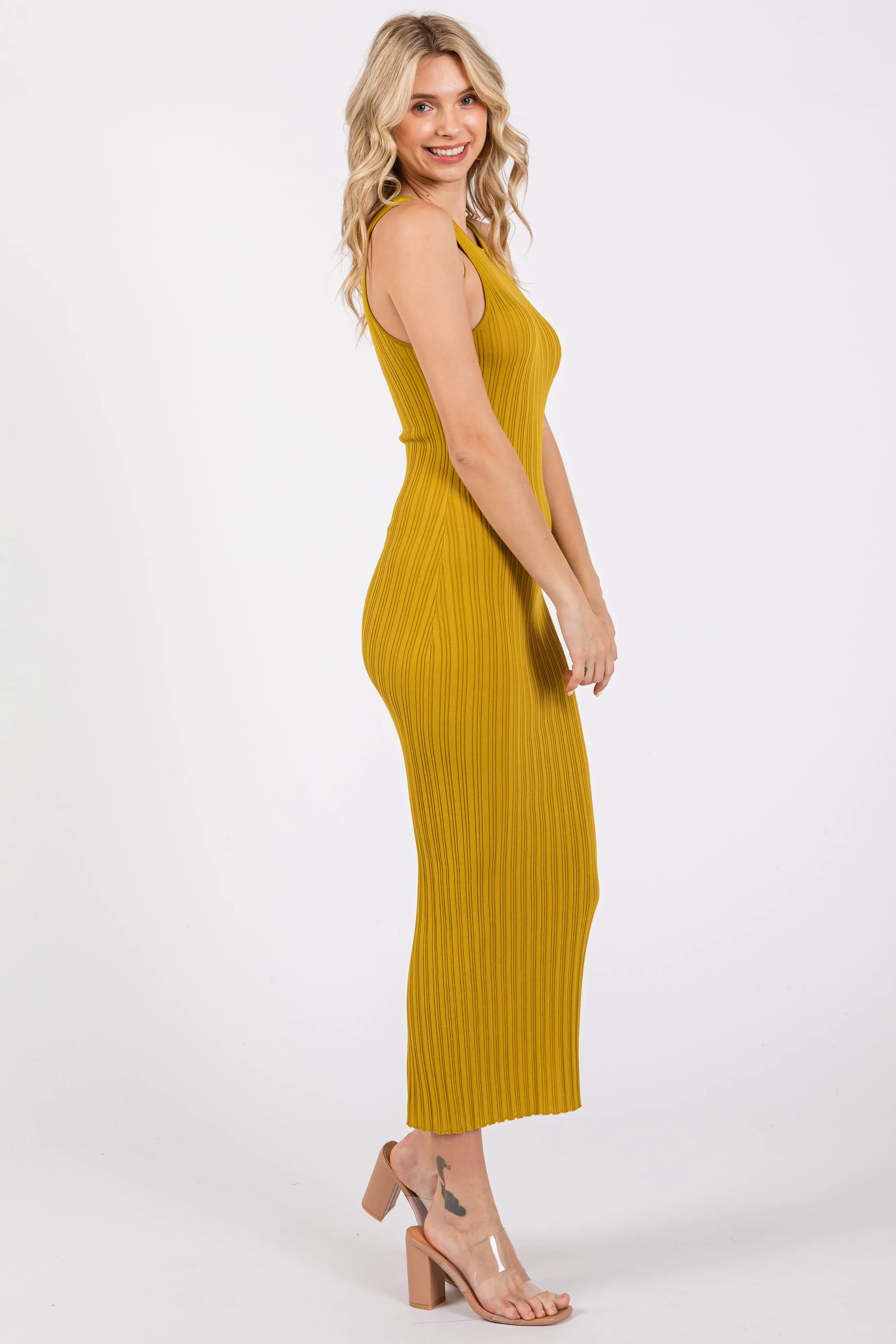 Yellow Ribbed Sleeveless Back Slit Midi Dress sold by Pinkblush product image thumbnail 2