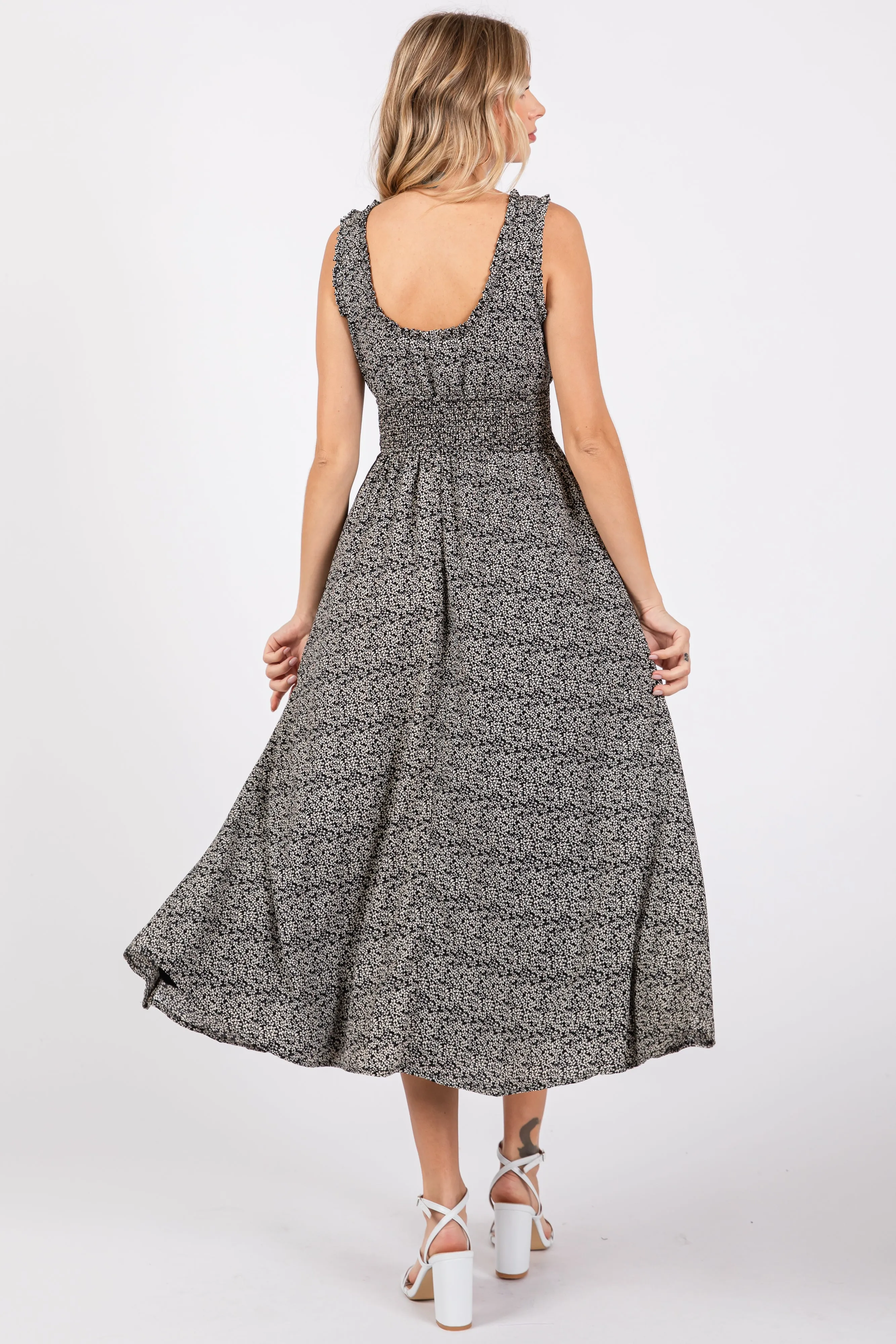 Black Floral Sleeveless Smocked Waist Midi Dress sold by Pinkblush product image thumbnail 3