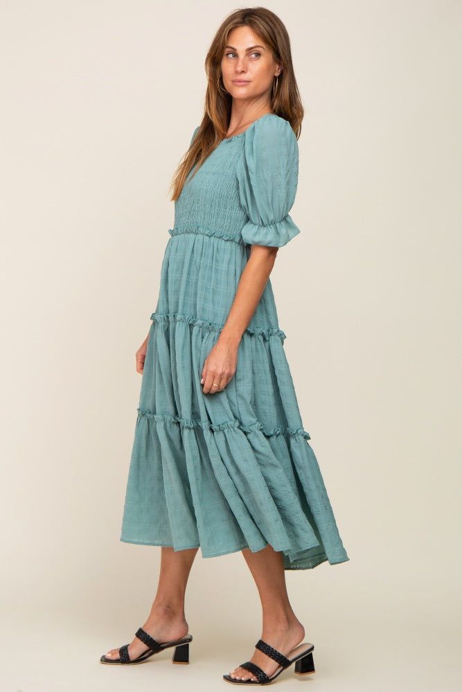 Teal Smocked Puff Sleeve Tiered Midi Dress sold by Pinkblush product image thumbnail 2