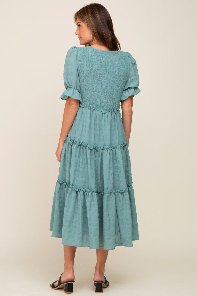 Teal Smocked Puff Sleeve Tiered Midi Dress sold by Pinkblush product image thumbnail 3