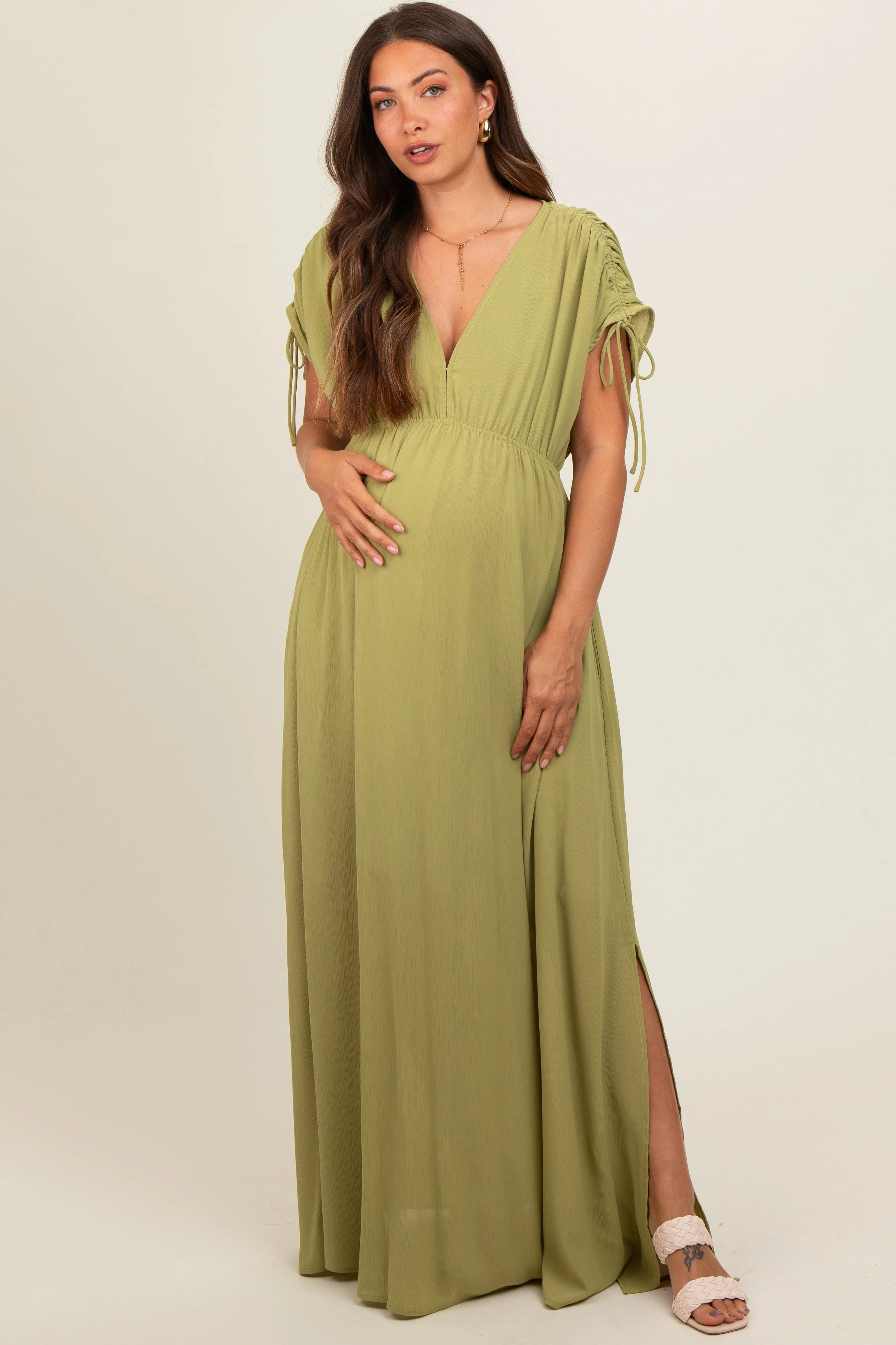 Light Olive V-Neck Drawstring Short Sleeve Side Slit Maternity Maxi Dress sold by Pinkblush product image thumbnail 2