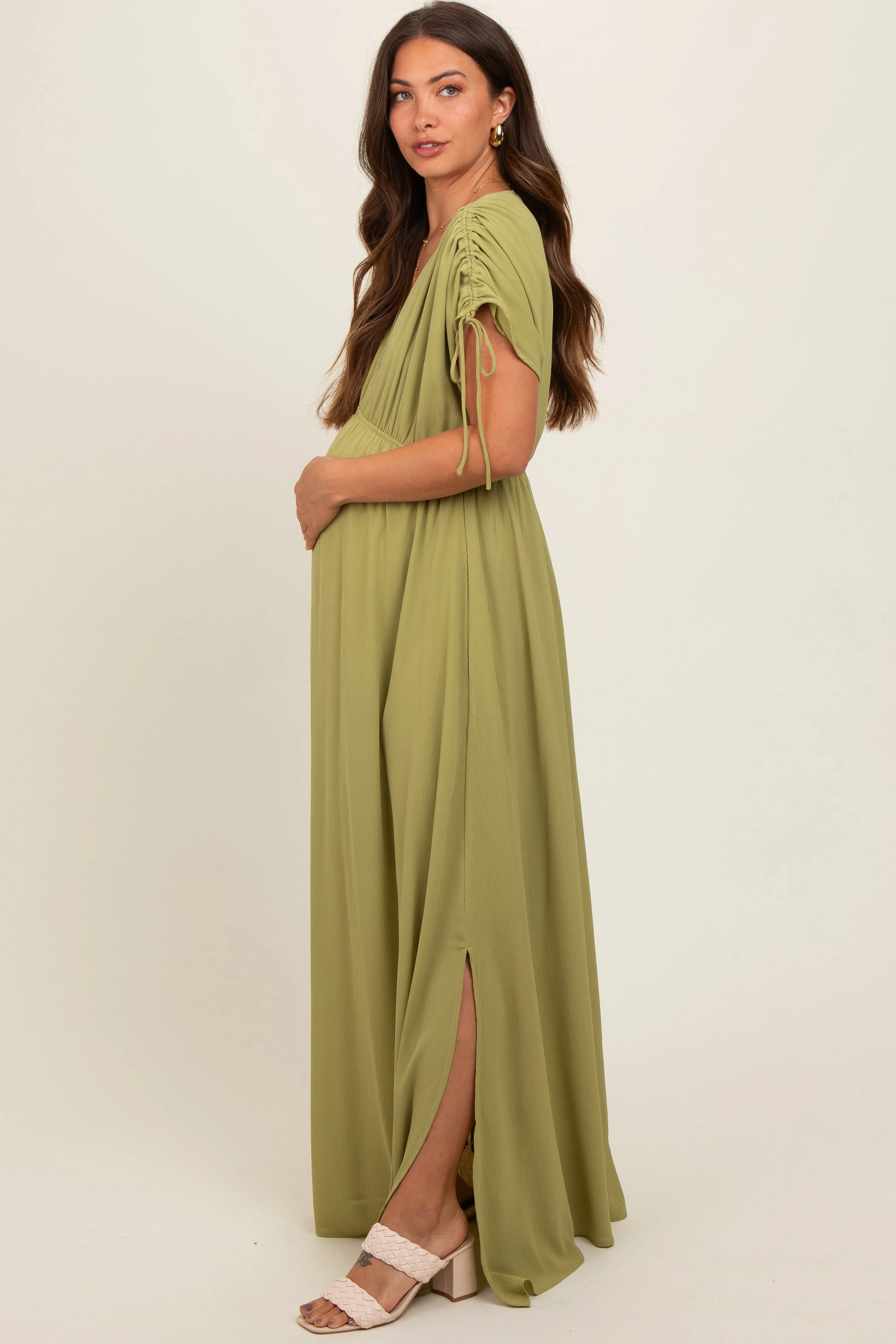 Light Olive V-Neck Drawstring Short Sleeve Side Slit Maternity Maxi Dress sold by Pinkblush product image thumbnail 3