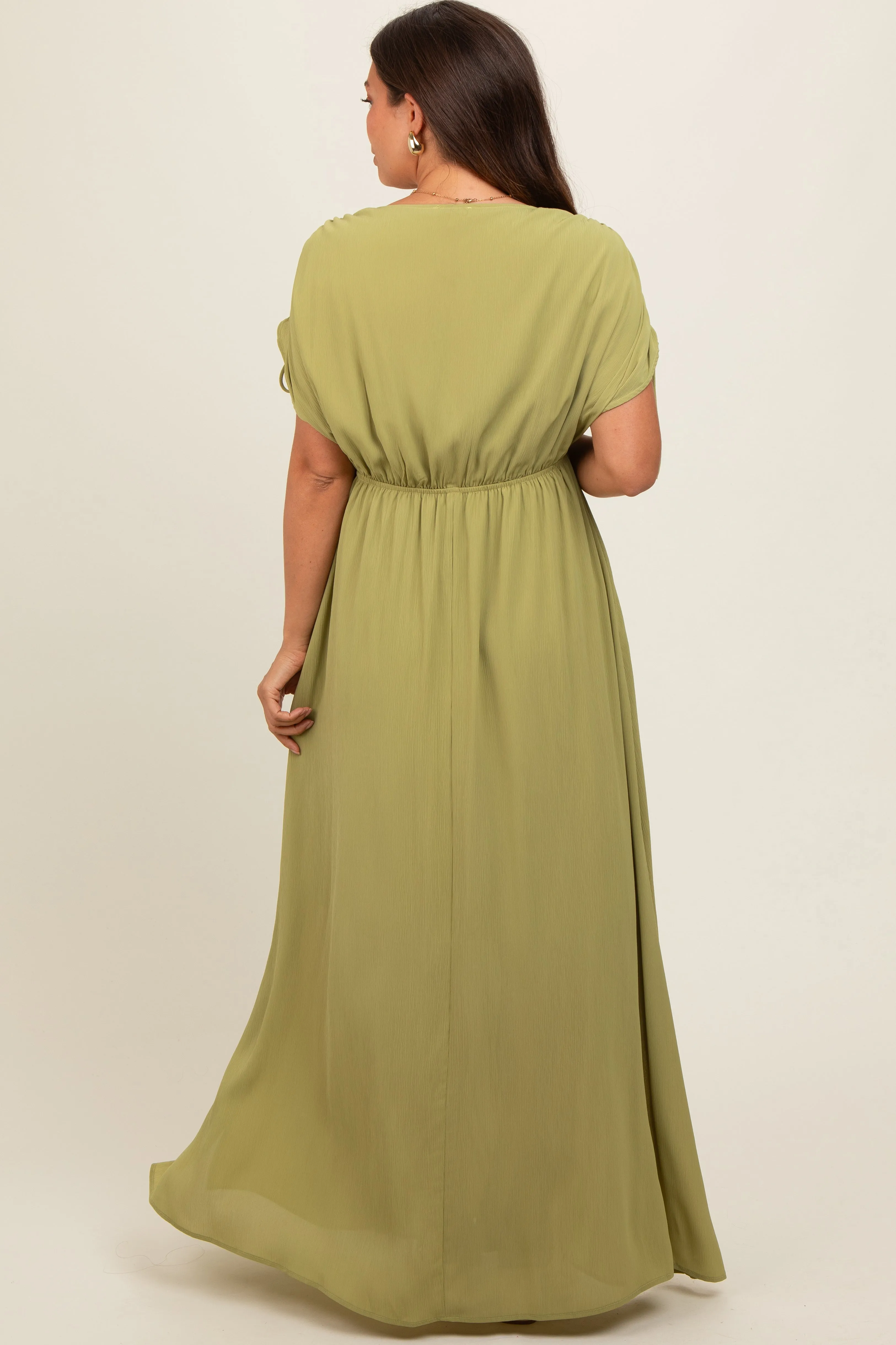 Light Olive V-Neck Drawstring Short Sleeve Side Slit Maternity Maxi Dress sold by Pinkblush product image thumbnail 4