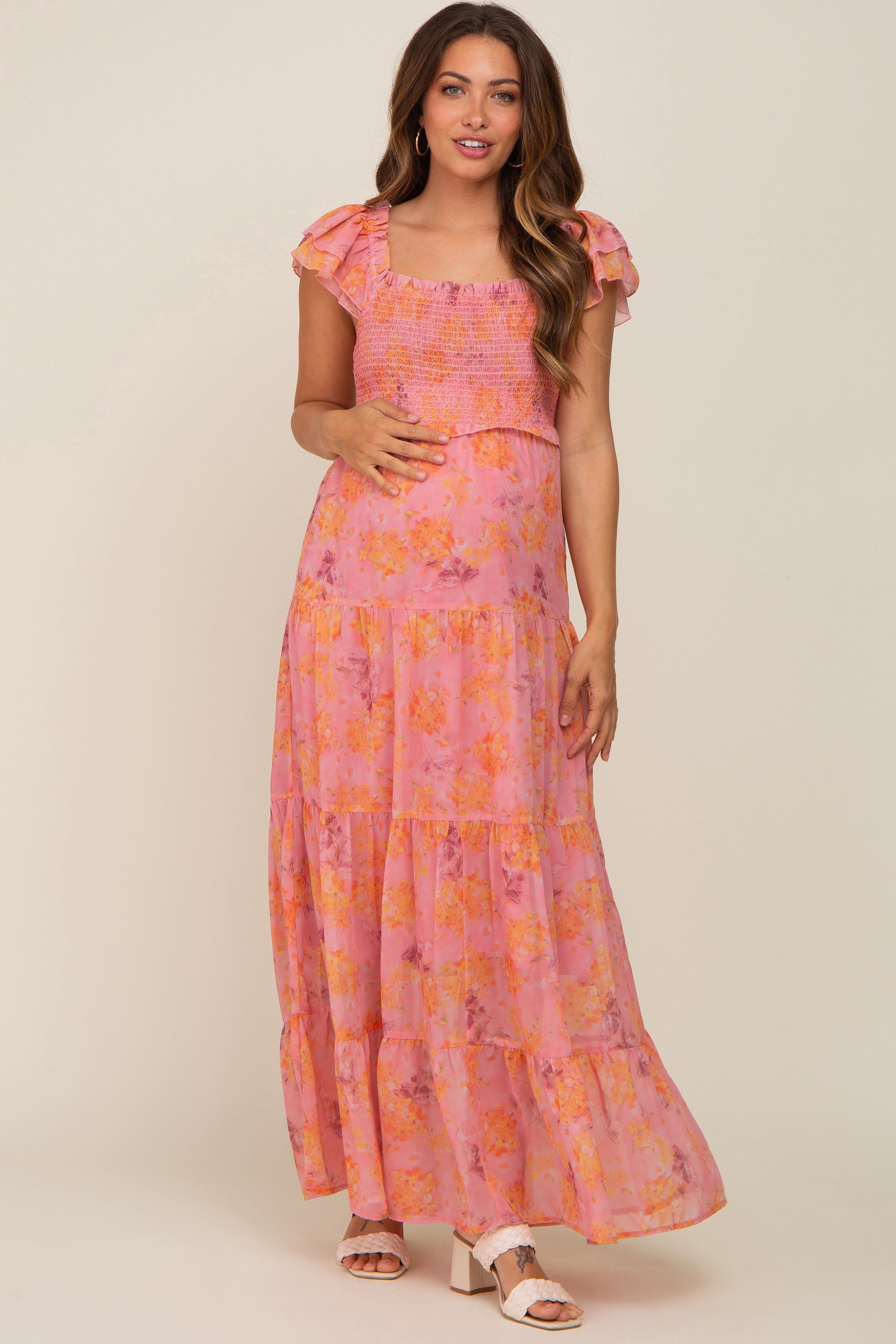 Pink Floral Ruffle Tiered Maternity Maxi Dress sold by Pinkblush product image thumbnail 2
