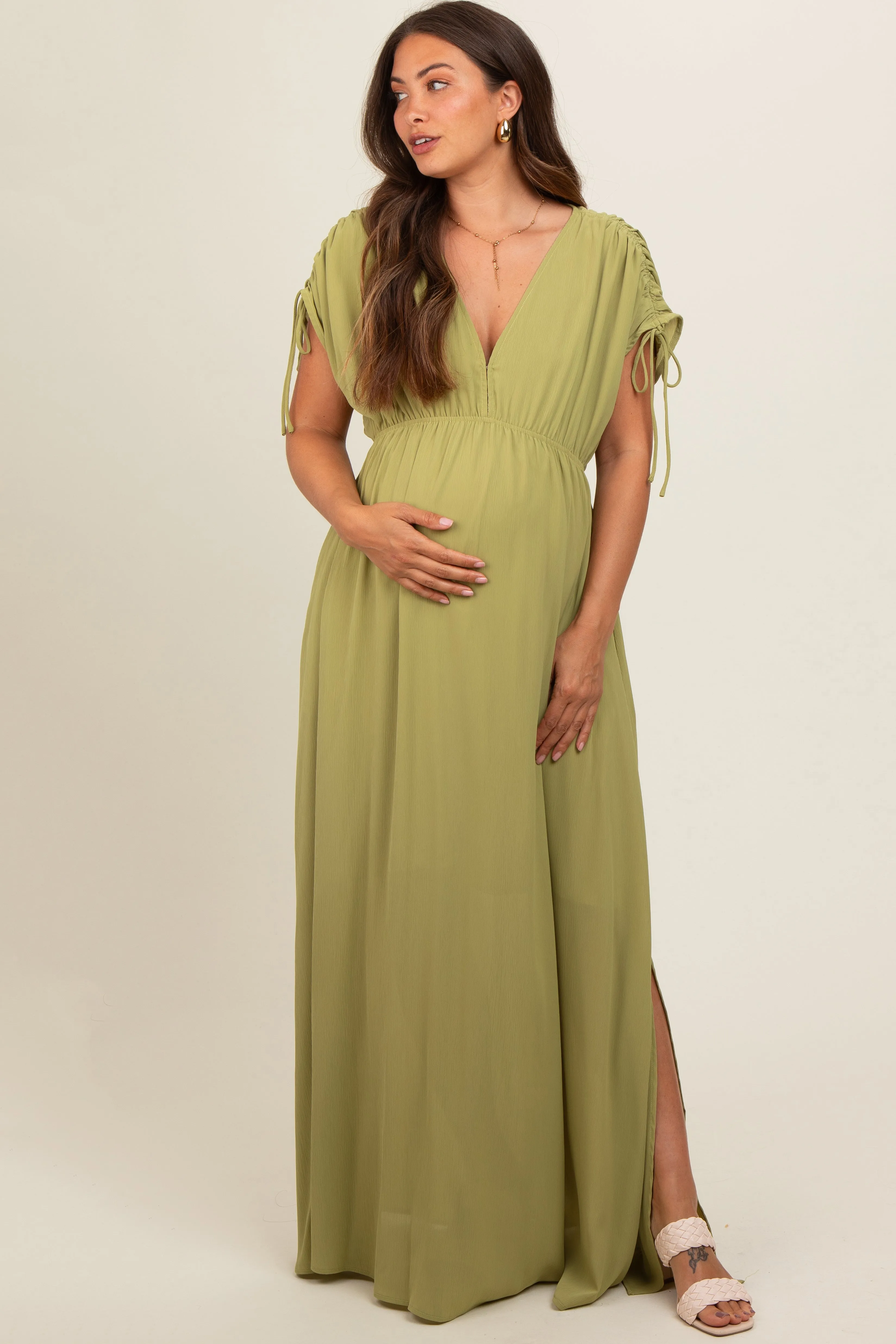Light Olive V-Neck Drawstring Short Sleeve Side Slit Maternity Maxi Dress sold by Pinkblush