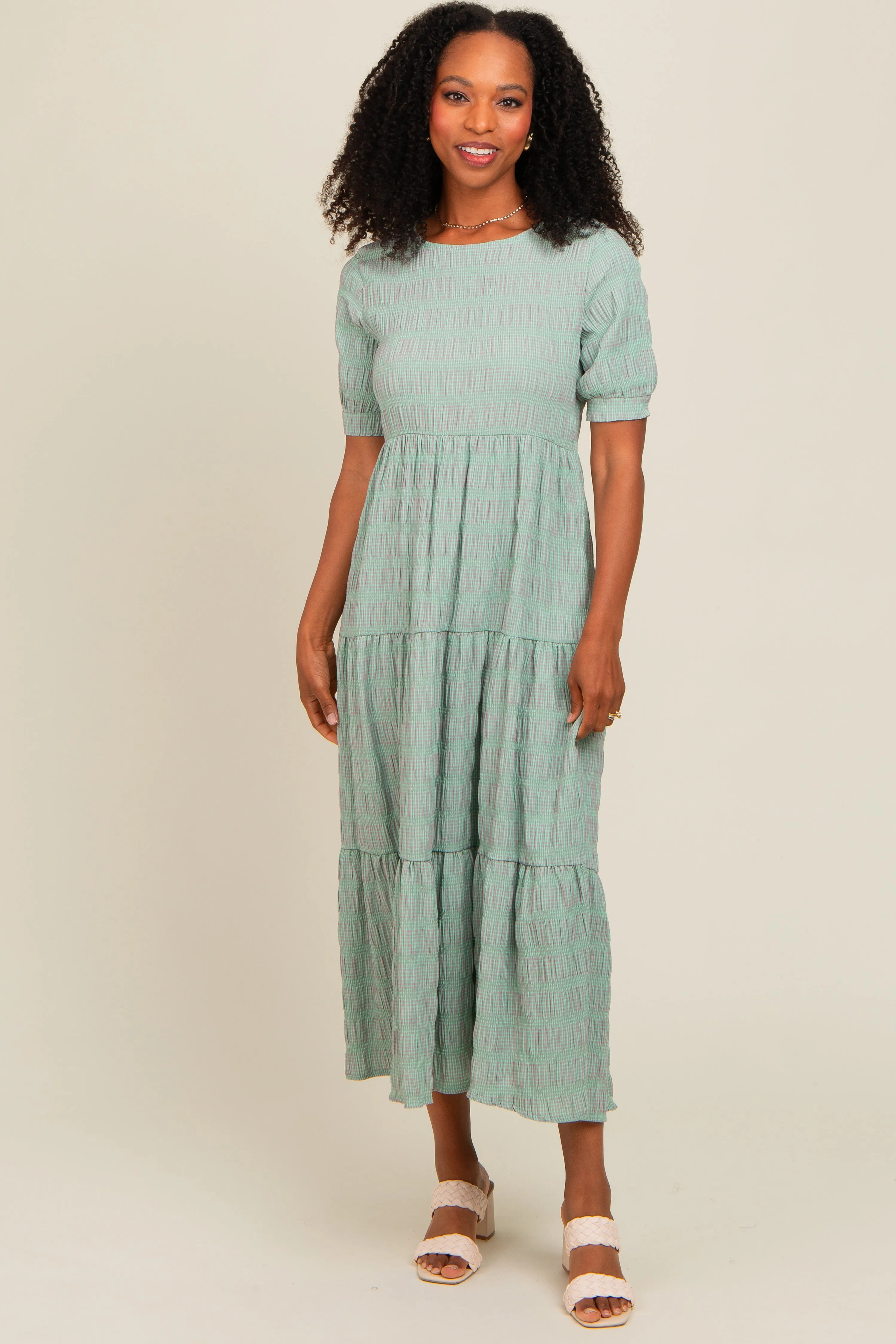 Light Olive Textured Tiered Maxi Dress sold by Pinkblush