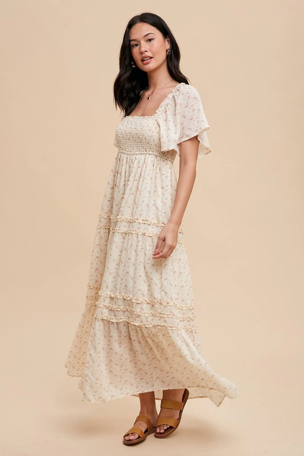 Cream Floral Smocked Square Neck Flutter Sleeve Midi Dress sold by Pinkblush product image thumbnail 2