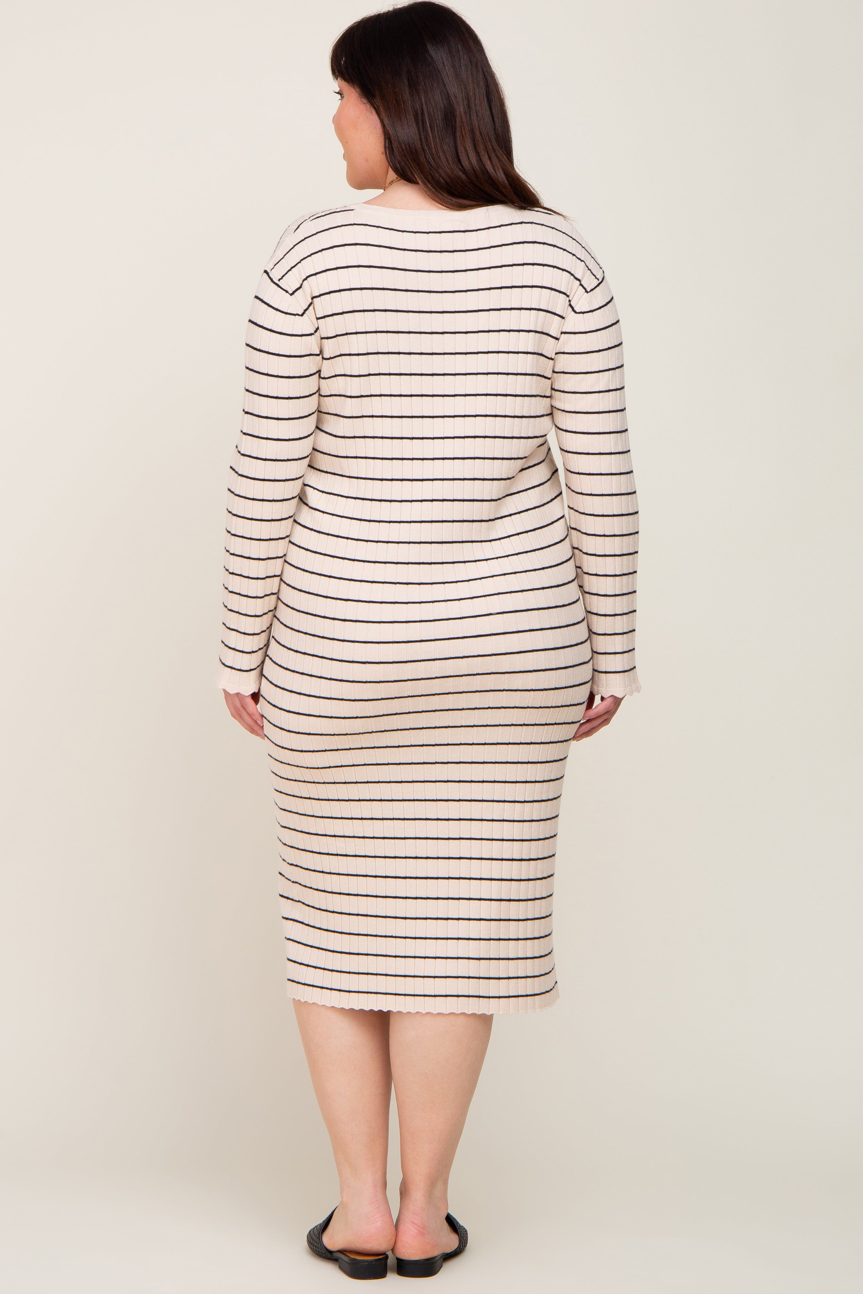 Beige Striped Long Sleeve Plus Midi Dress sold by Pinkblush product image thumbnail 3