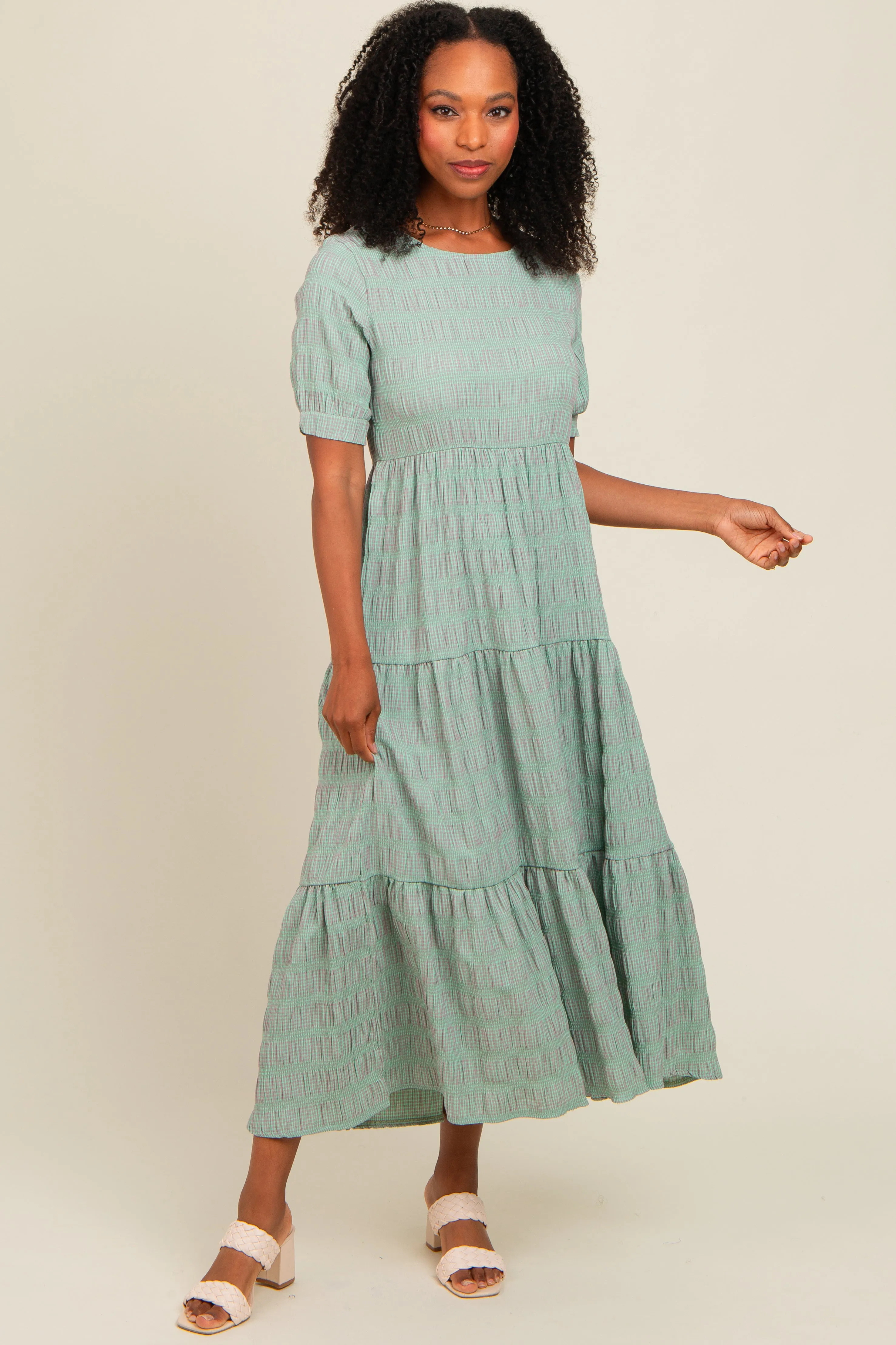 Light Olive Textured Tiered Maxi Dress sold by Pinkblush product image thumbnail 2