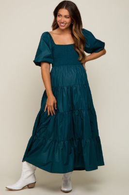 Teal Square Neck Smocked Puff Short Sleeve Tiered Maternity Midi Dress sold by Pinkblush