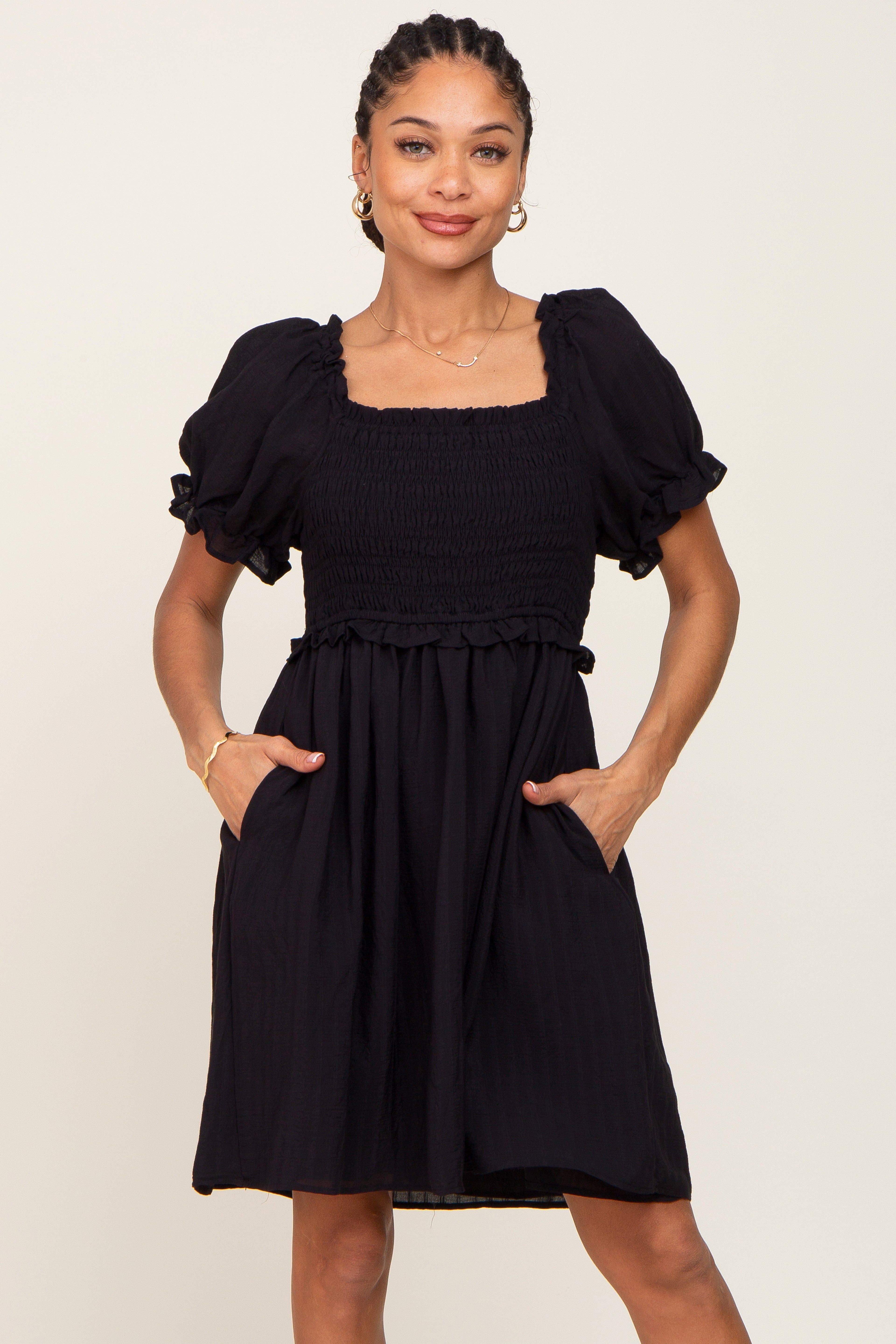 Black Smocked Puff Sleeve Dress sold by Pinkblush