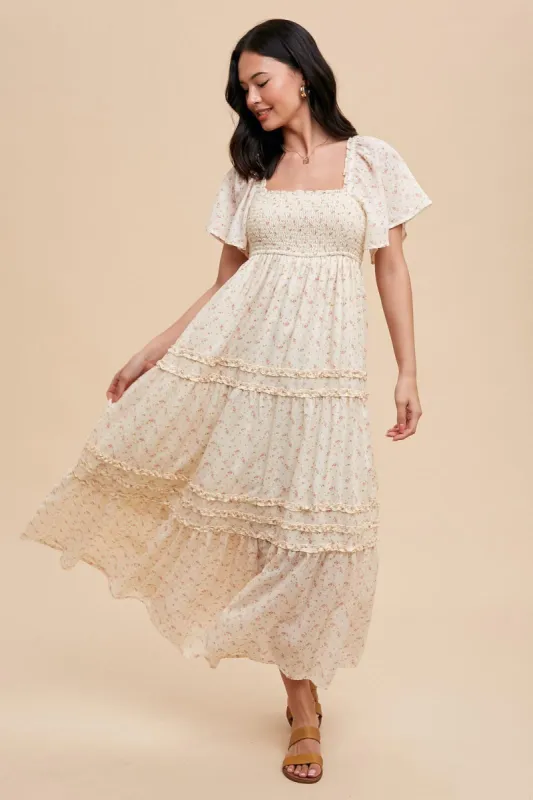 Cream Floral Smocked Square Neck Flutter Sleeve Midi Dress sold by Pinkblush
