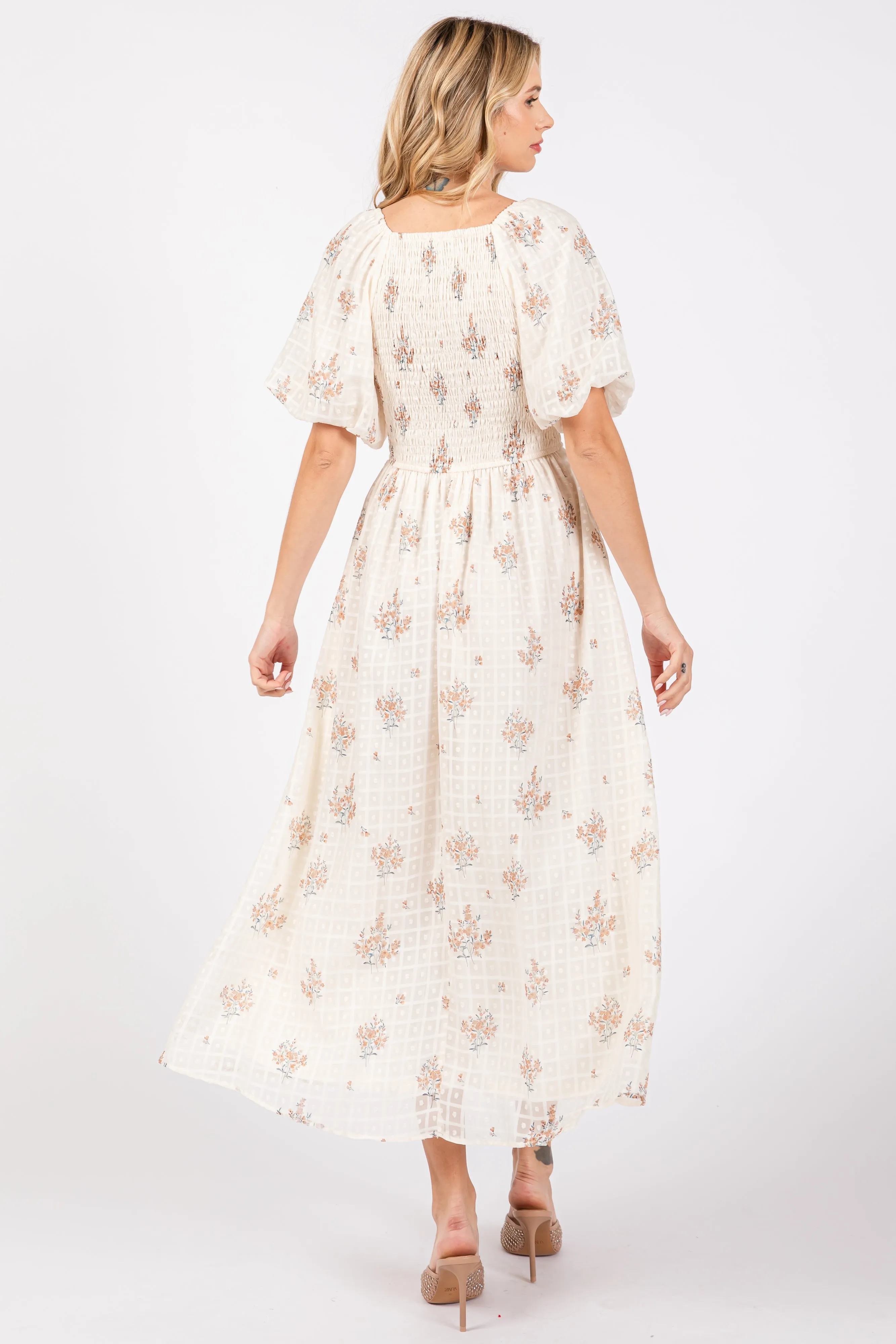 Beige Floral Textured Dot Smocked Sweetheart Neck Midi Dress sold by Pinkblush product image thumbnail 3