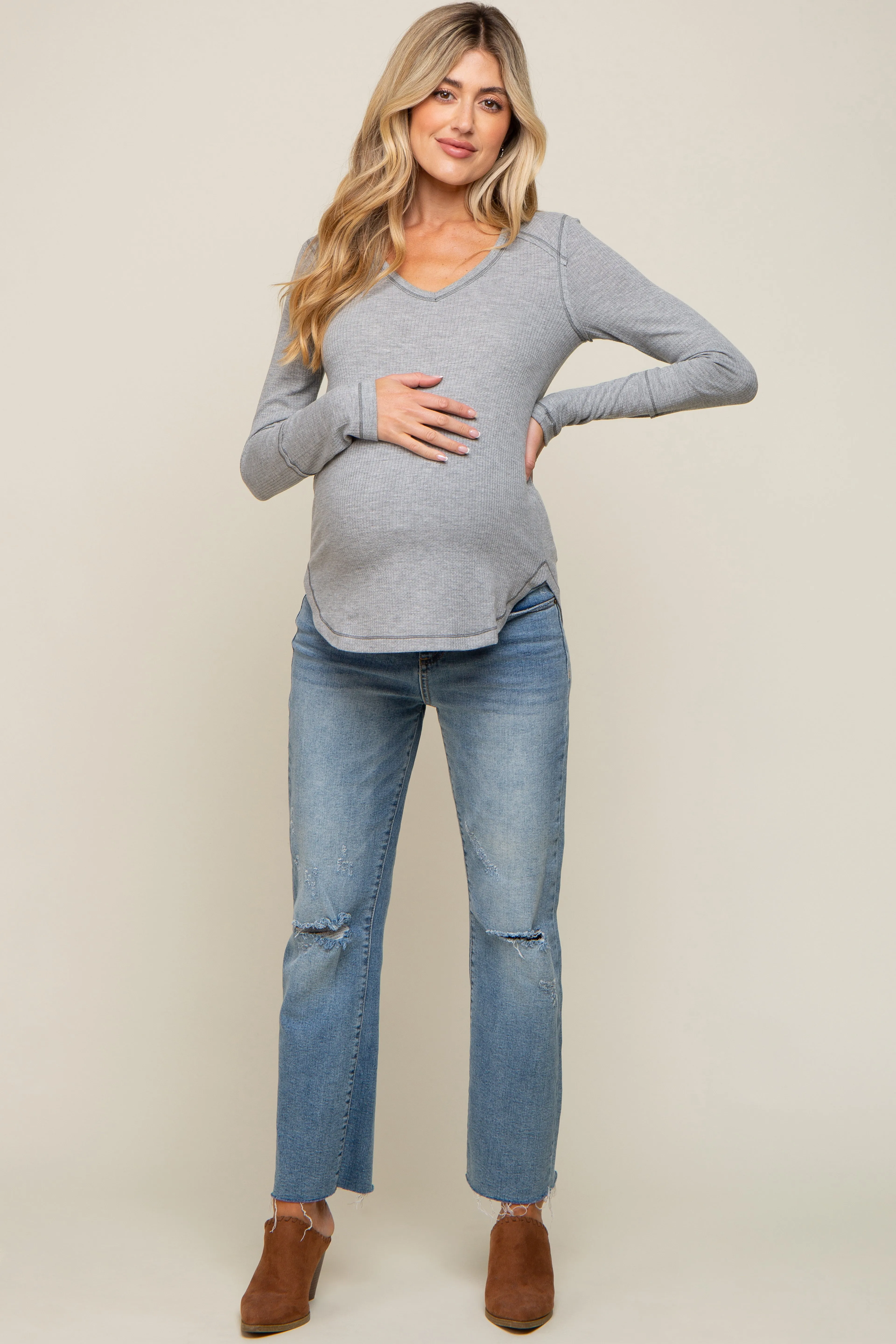 Heather Grey Long Sleeve Knit Curved Hem Maternity Top sold by Pinkblush product image thumbnail 4