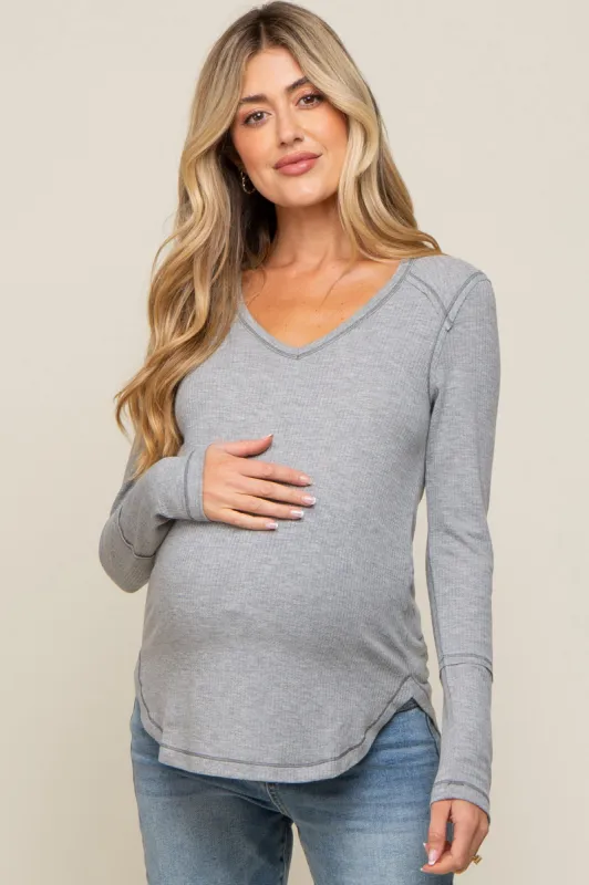 Heather Grey Long Sleeve Knit Curved Hem Maternity Top sold by Pinkblush