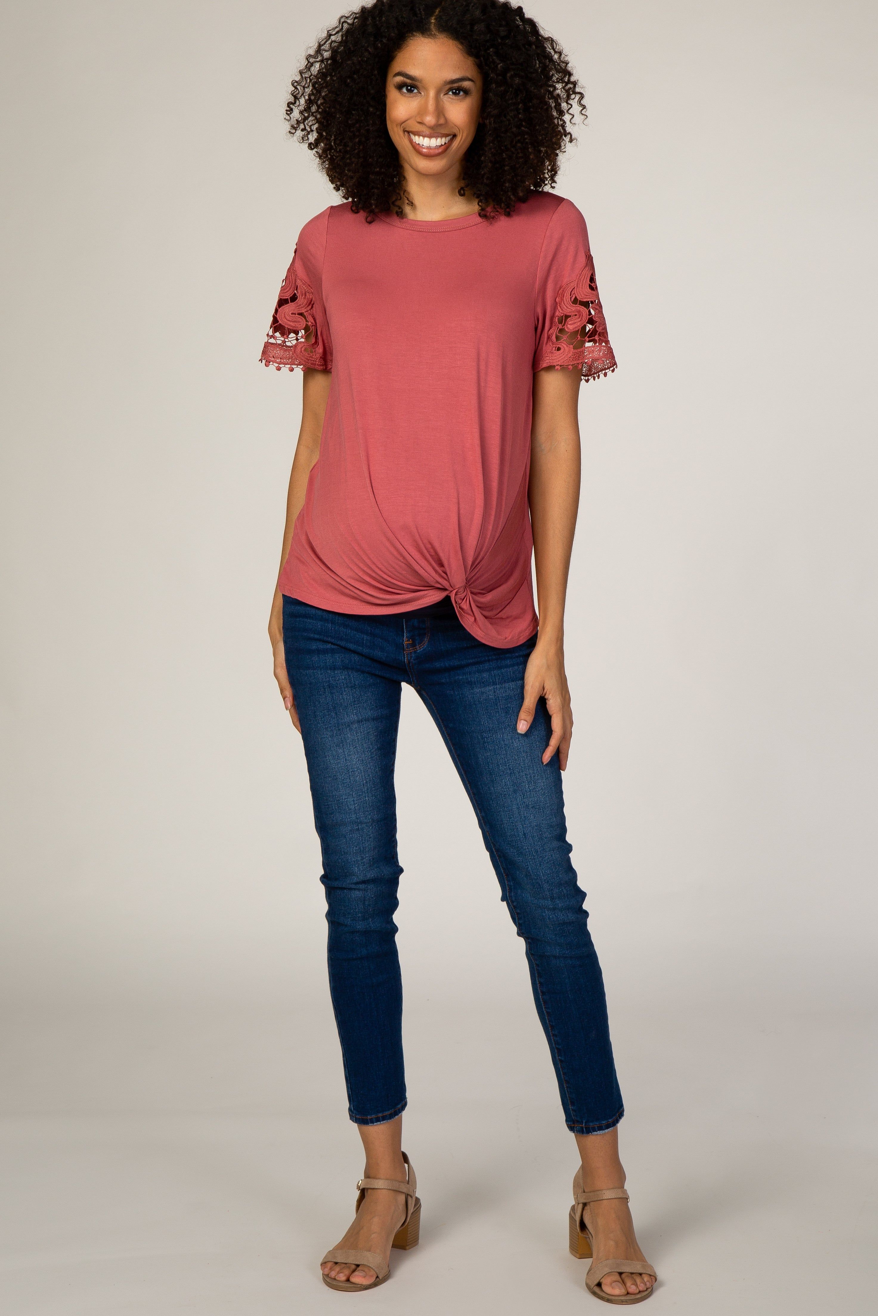 Rust Crochet Sleeve Knotted Hem Maternity Top sold by Pinkblush product image thumbnail 2