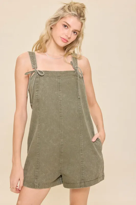 Olive Ribbon Detail Overall Romper sold by Pinkblush