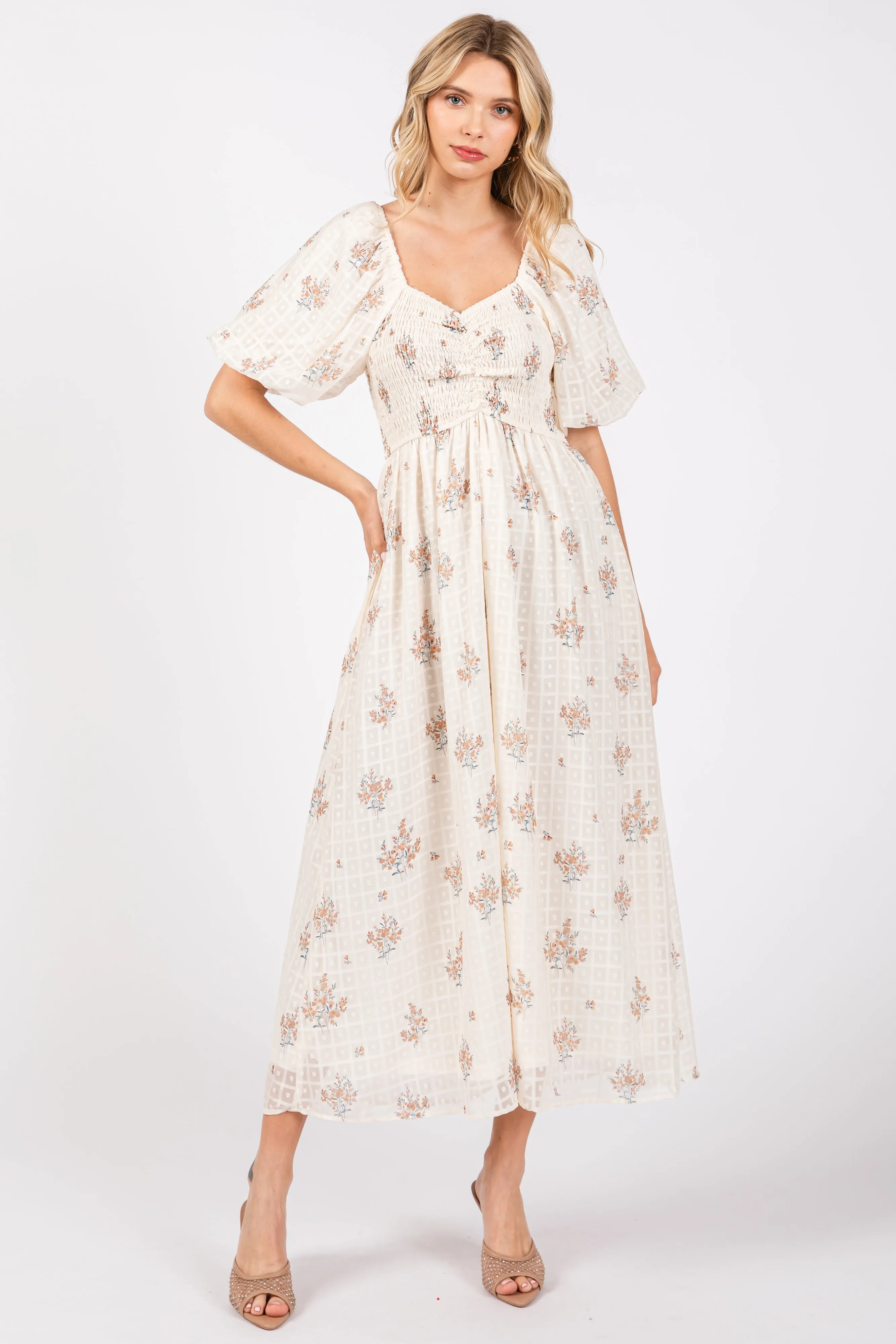 Beige Floral Textured Dot Smocked Sweetheart Neck Midi Dress sold by Pinkblush