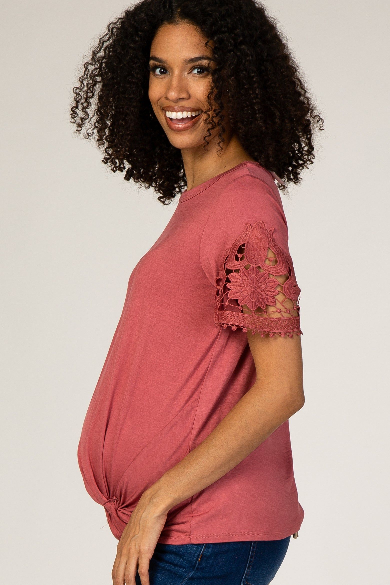 Rust Crochet Sleeve Knotted Hem Maternity Top sold by Pinkblush product image thumbnail 3