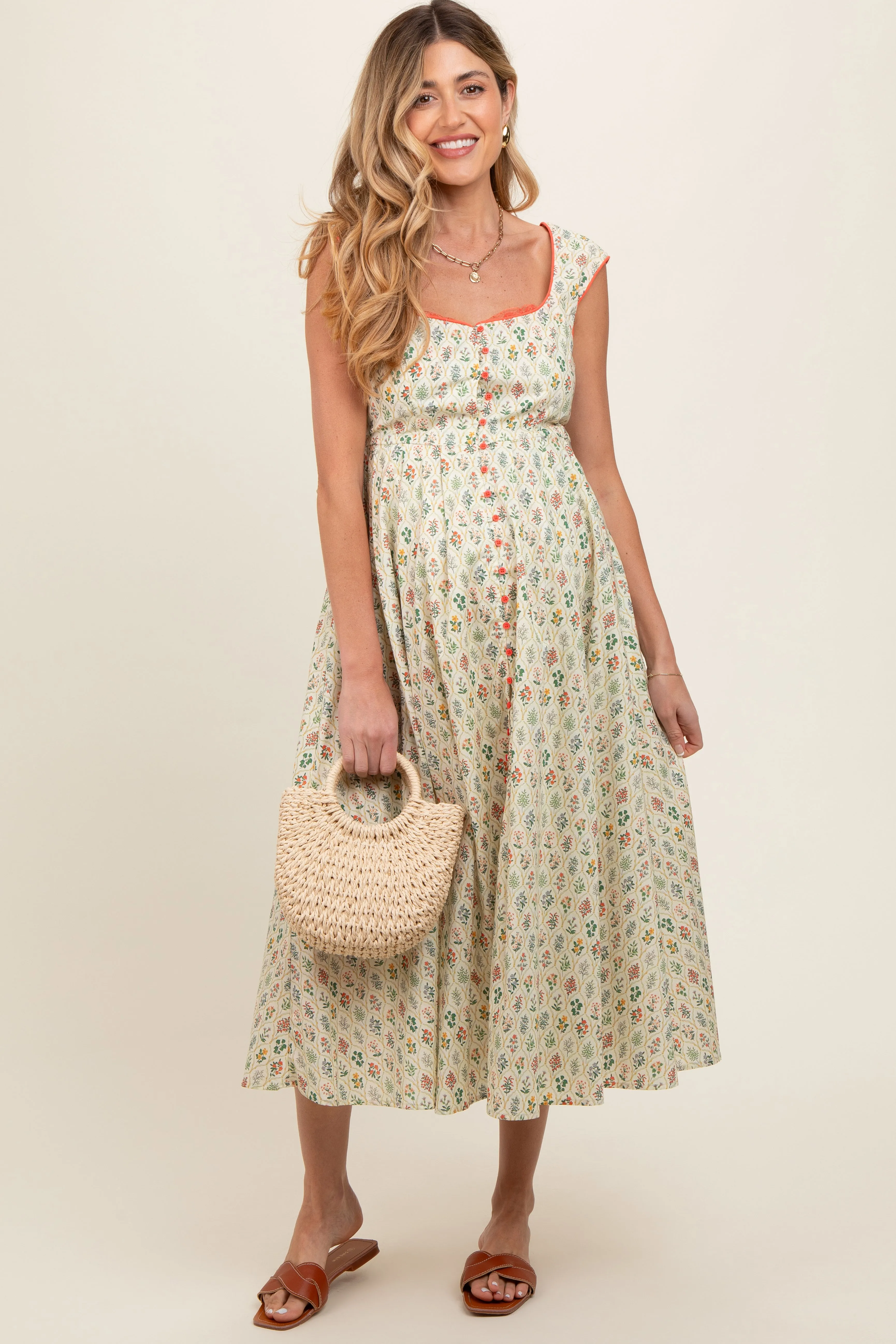 Cream Floral Button Front Sleeveless Maternity Maxi Dress sold by Pinkblush