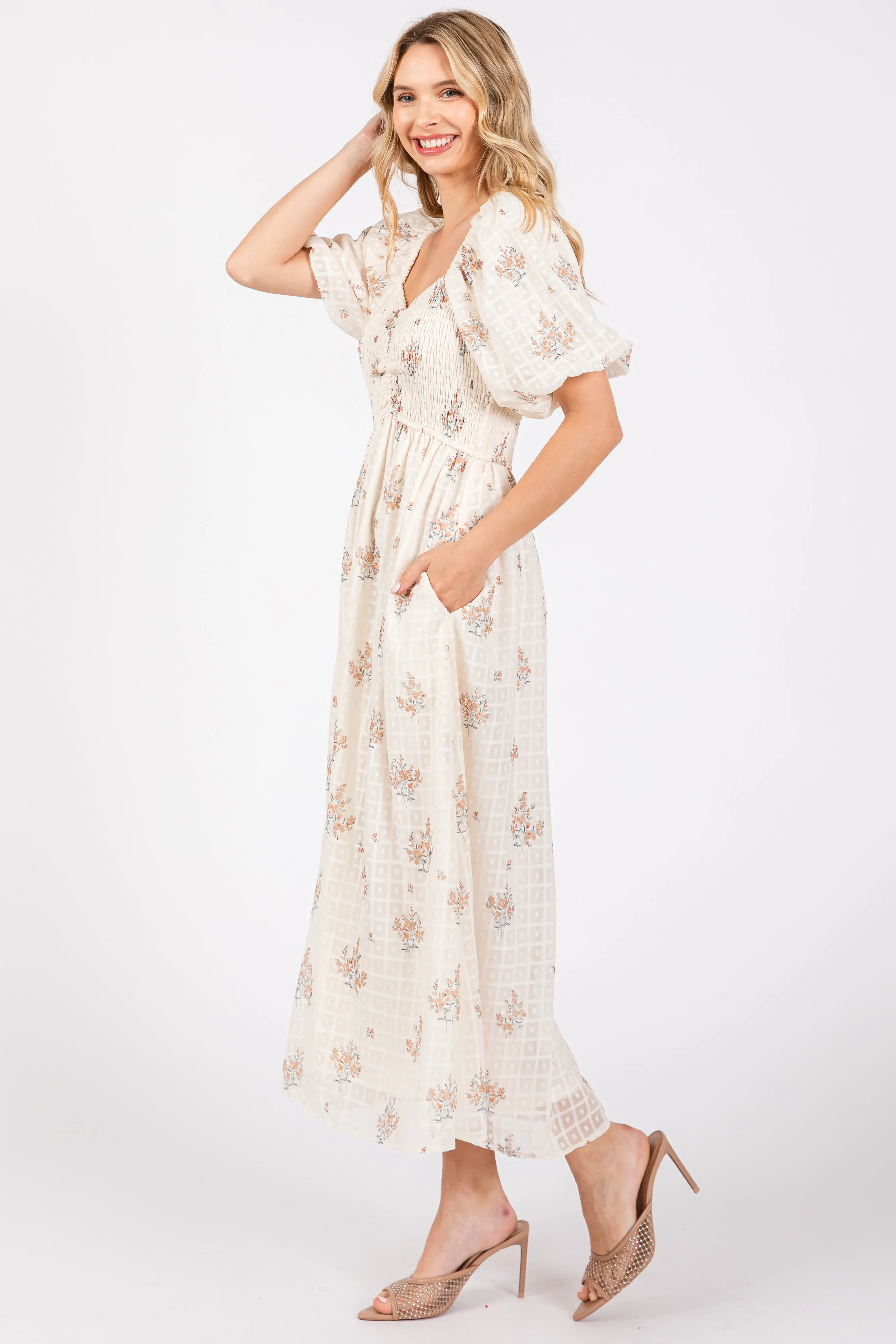 Beige Floral Textured Dot Smocked Sweetheart Neck Midi Dress sold by Pinkblush product image thumbnail 2