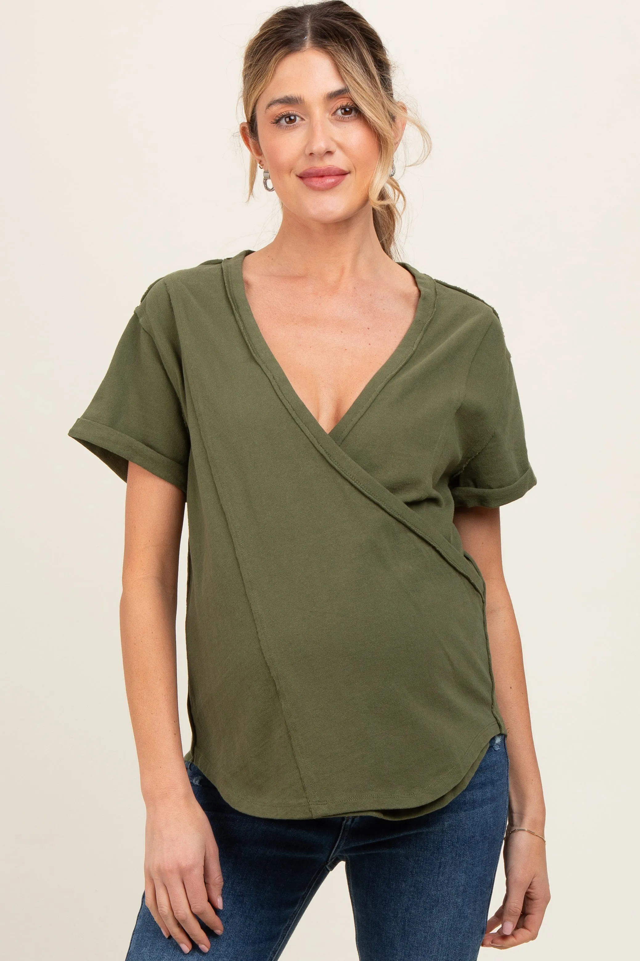 Olive Wrap Short Sleeve Raw Hem Maternity Top sold by Pinkblush product image thumbnail 2