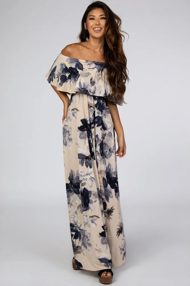 Taupe Navy Floral Off Shoulder Maxi Dress sold by Pinkblush product image thumbnail 4