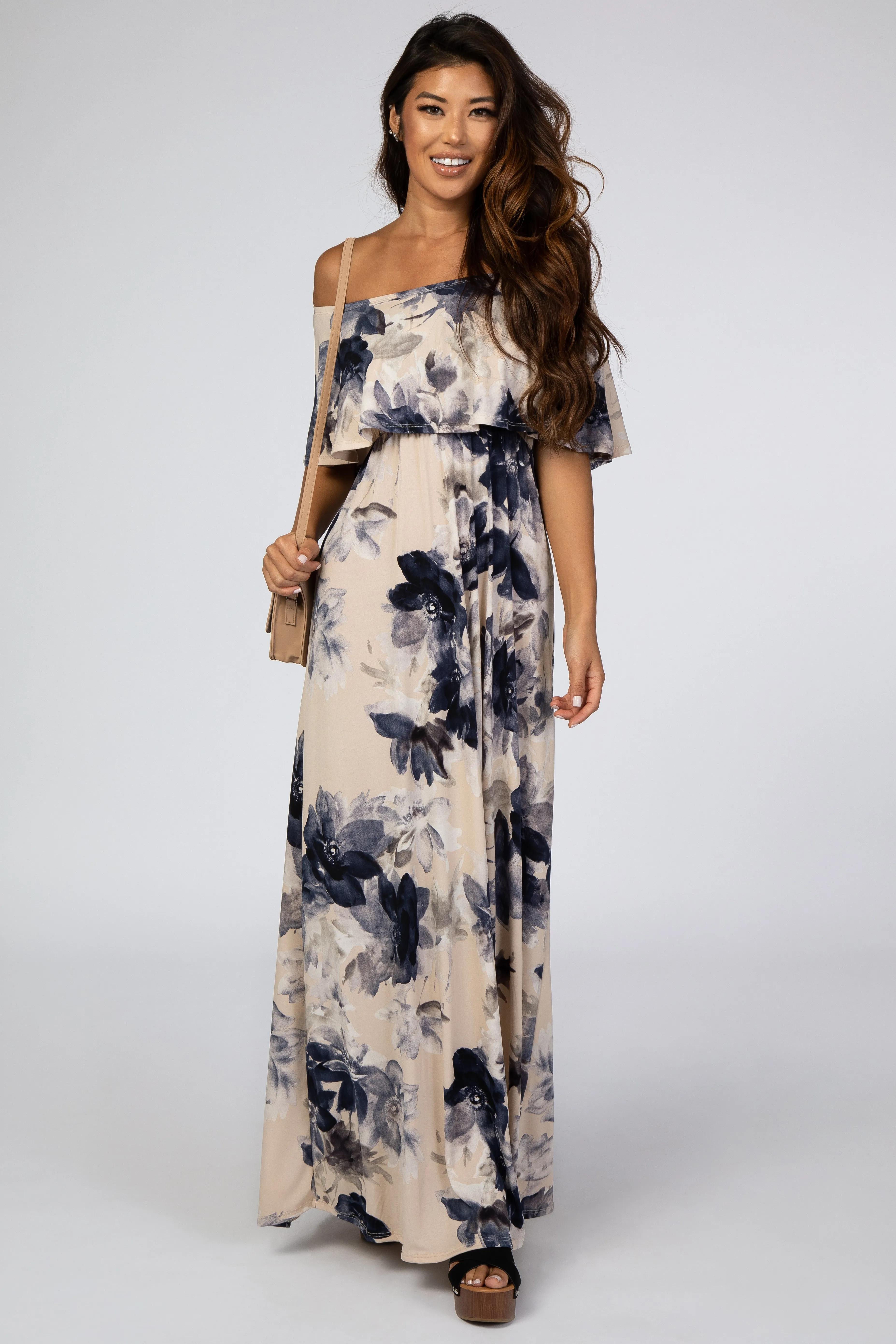 Taupe Navy Floral Off Shoulder Maxi Dress sold by Pinkblush