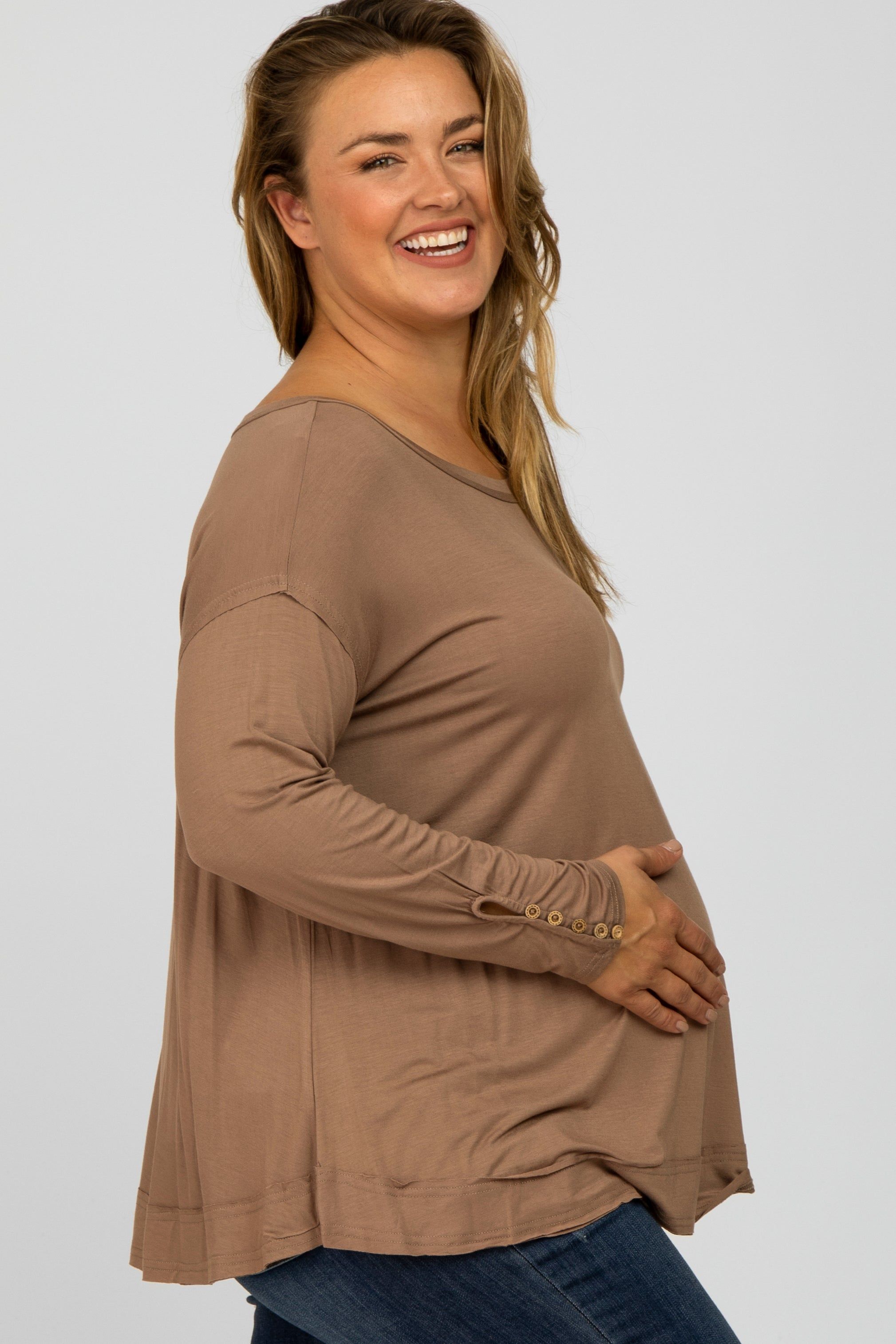 Mocha Button Accent Long Sleeve Maternity Plus Top sold by Pinkblush product image thumbnail 3