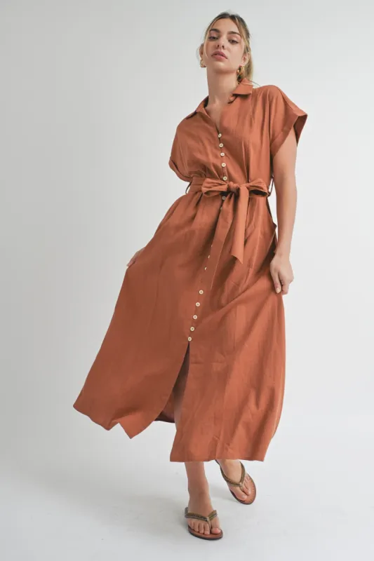 Rust Collared Front Button Midi Dress sold by Pinkblush