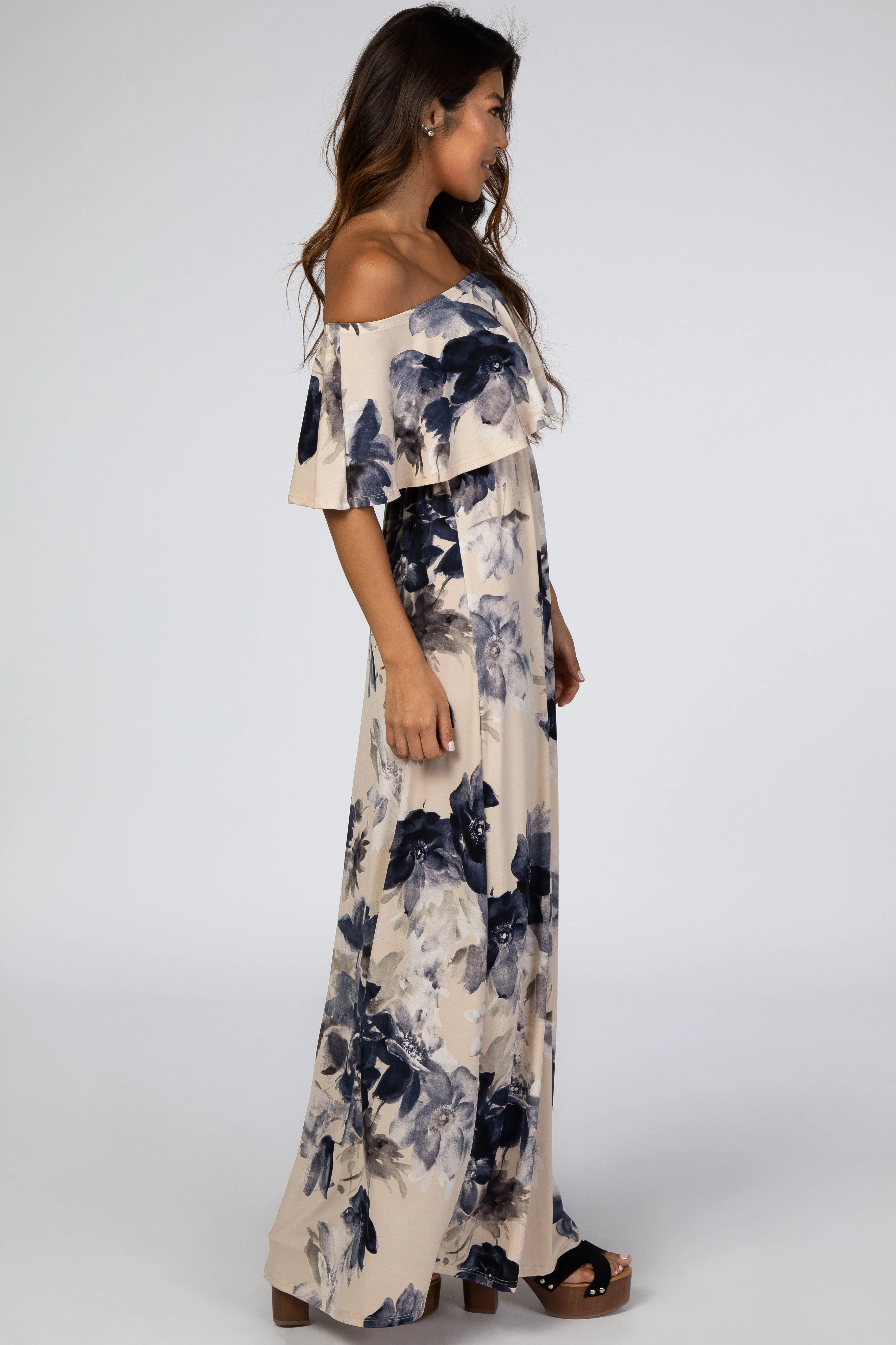 Taupe Navy Floral Off Shoulder Maxi Dress sold by Pinkblush product image thumbnail 2