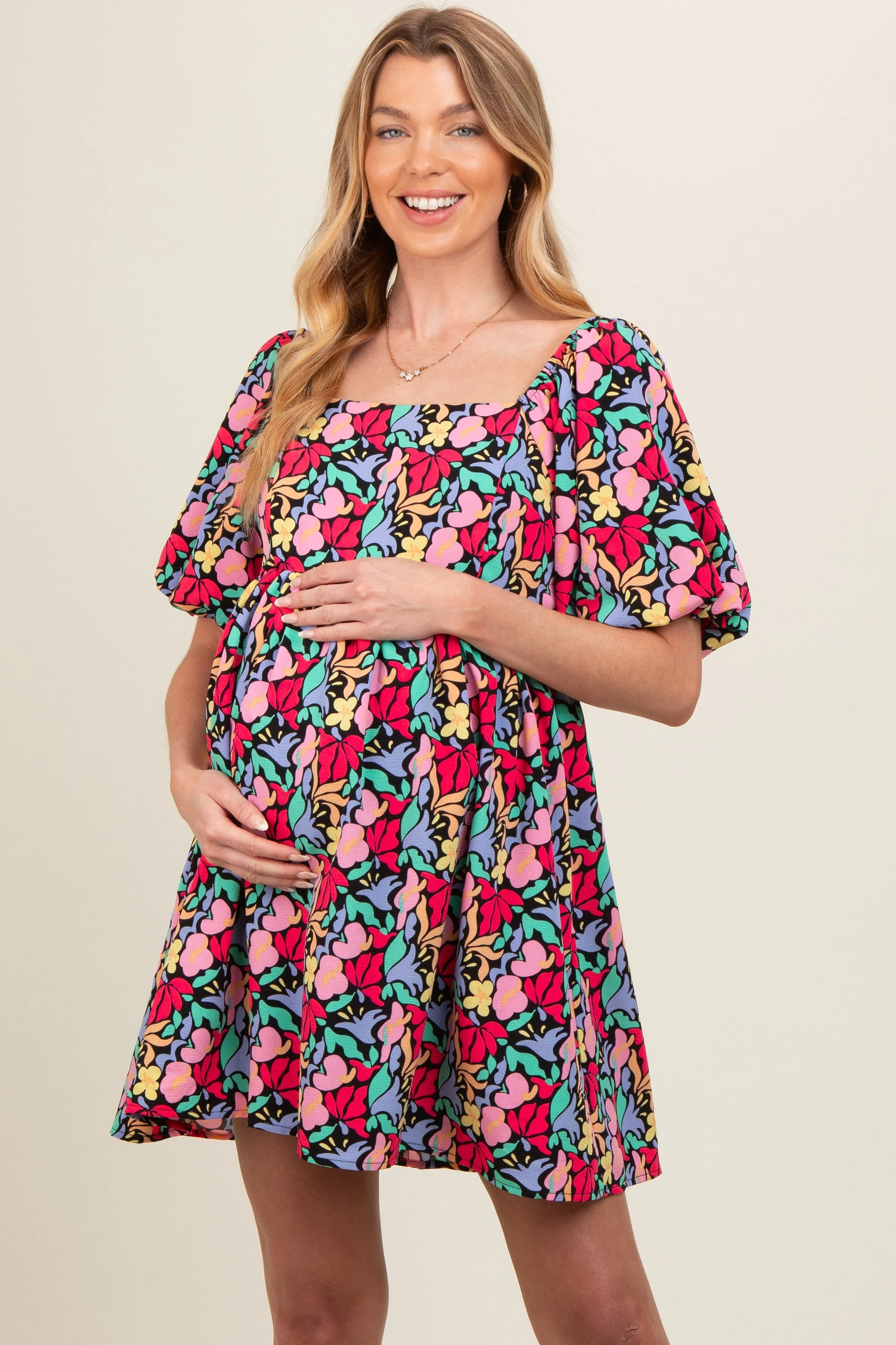Black Floral Puff Sleeve Maternity Dress sold by Pinkblush