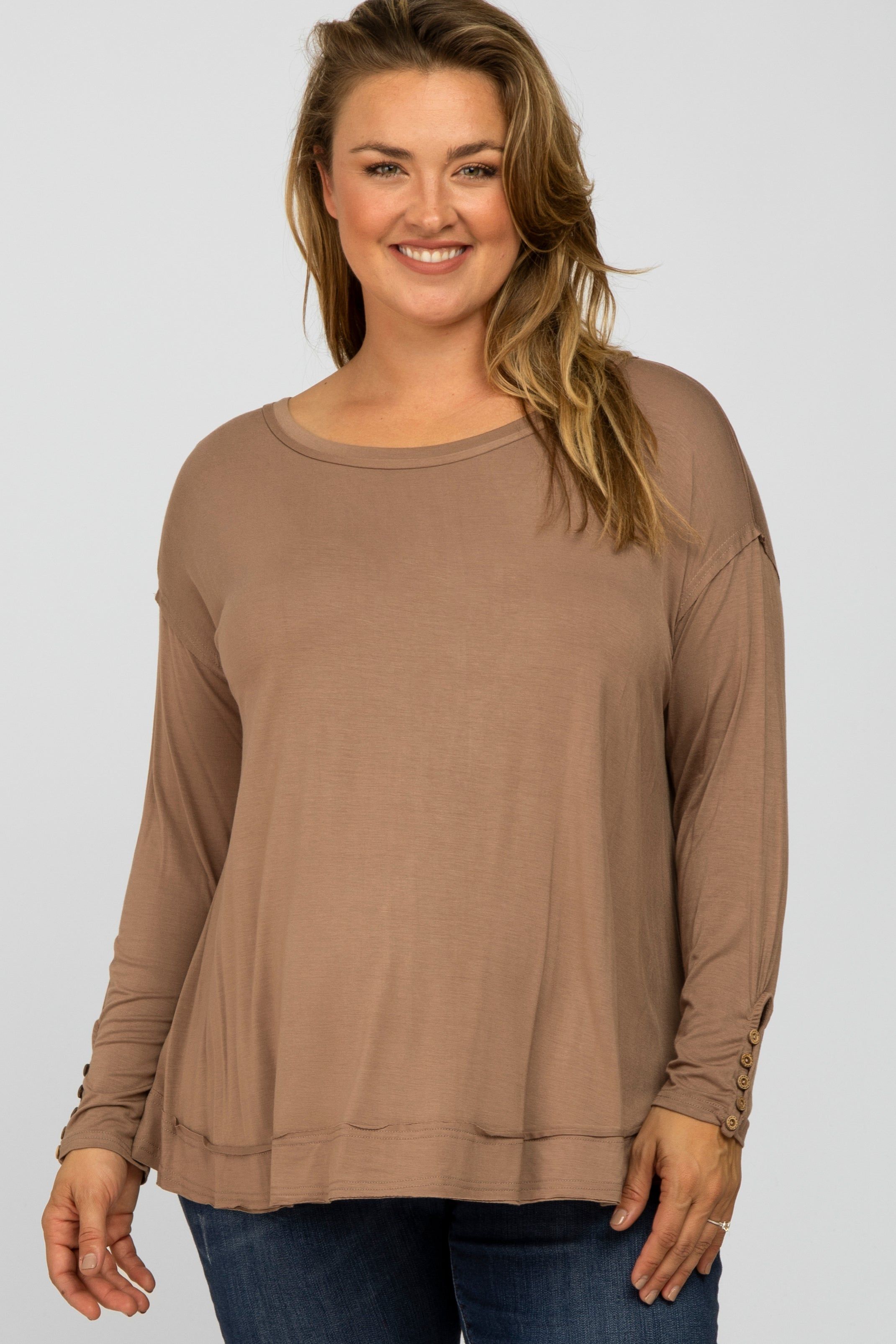 Mocha Button Accent Long Sleeve Maternity Plus Top sold by Pinkblush