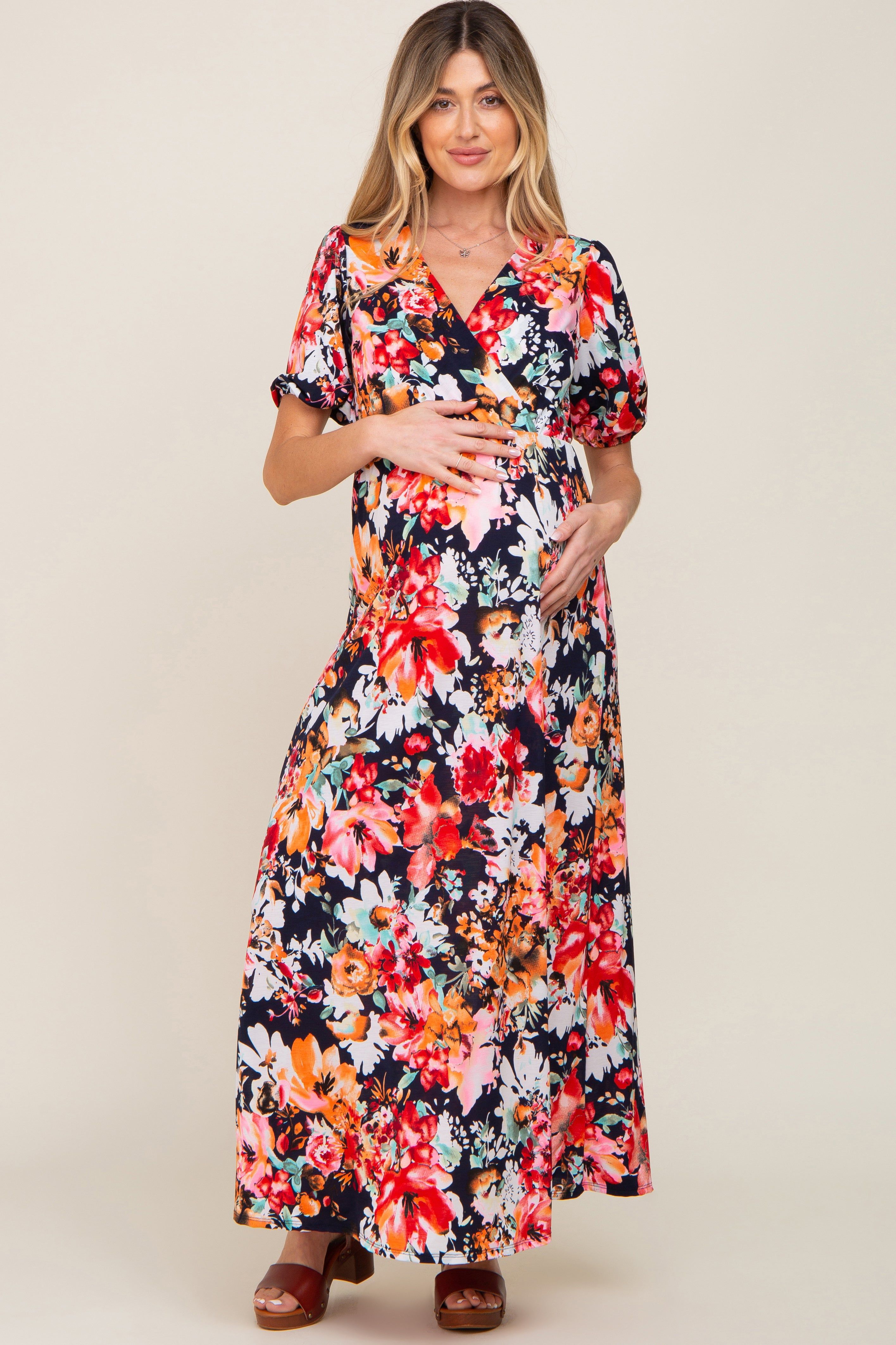 Multi-Color Floral Print Maternity/Nursing Dress sold by Pinkblush