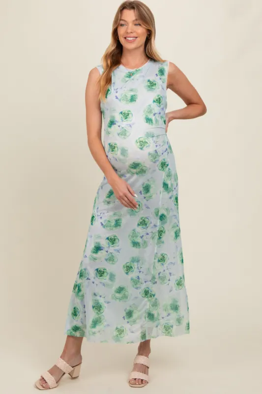 Light Blue Rose Print Ruched Mesh Maternity Dress sold by Pinkblush