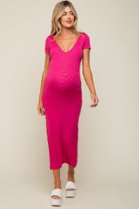 Fuchsia Basic Ribbed Side Slit Maternity Midi Dress sold by Pinkblush