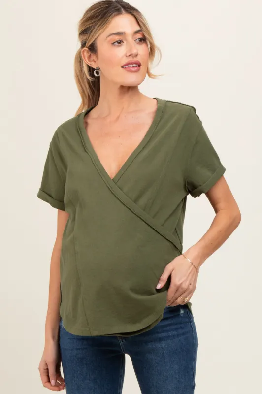 Olive Wrap Short Sleeve Raw Hem Maternity Top sold by Pinkblush