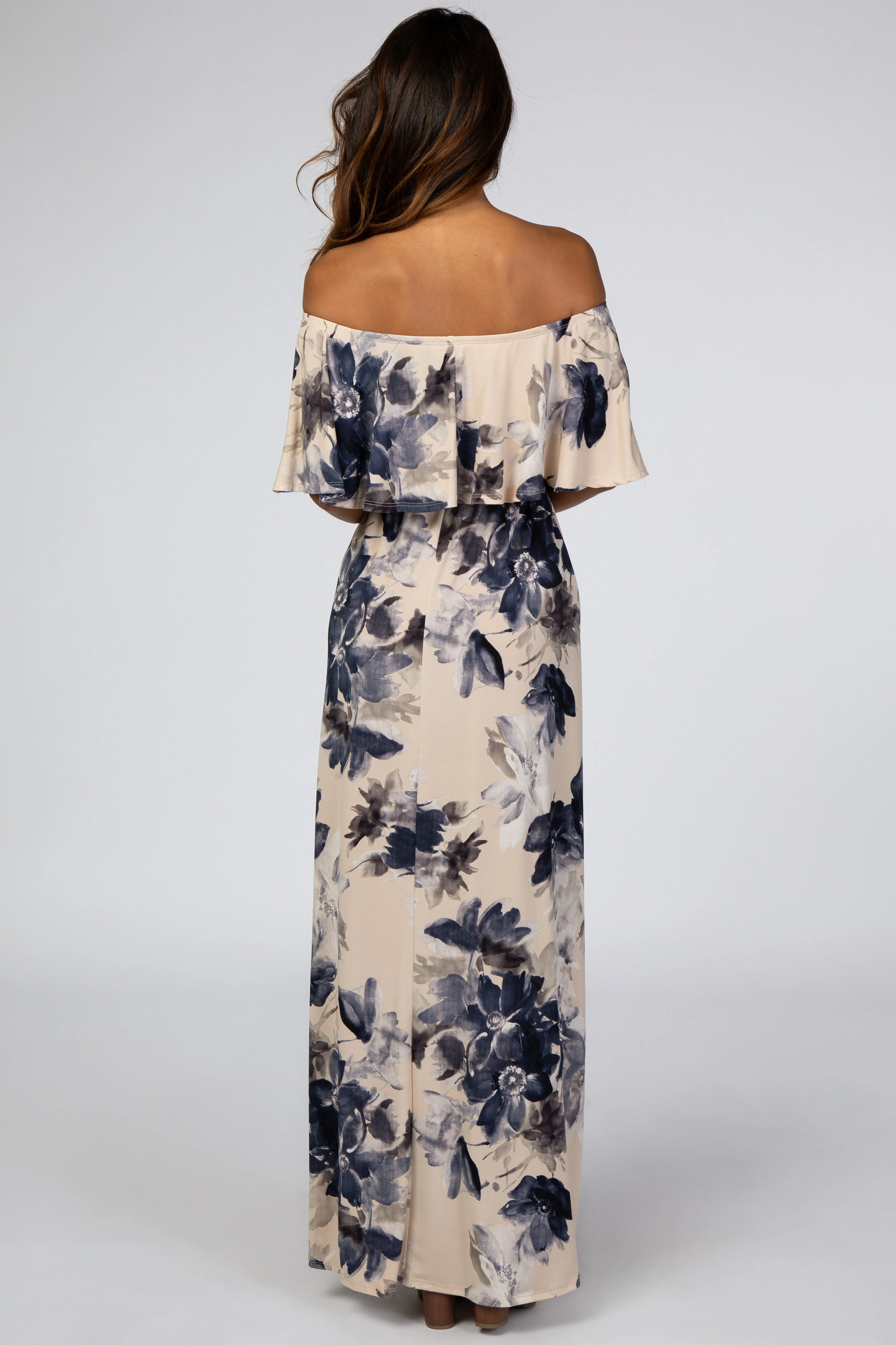 Taupe Navy Floral Off Shoulder Maxi Dress sold by Pinkblush product image thumbnail 3