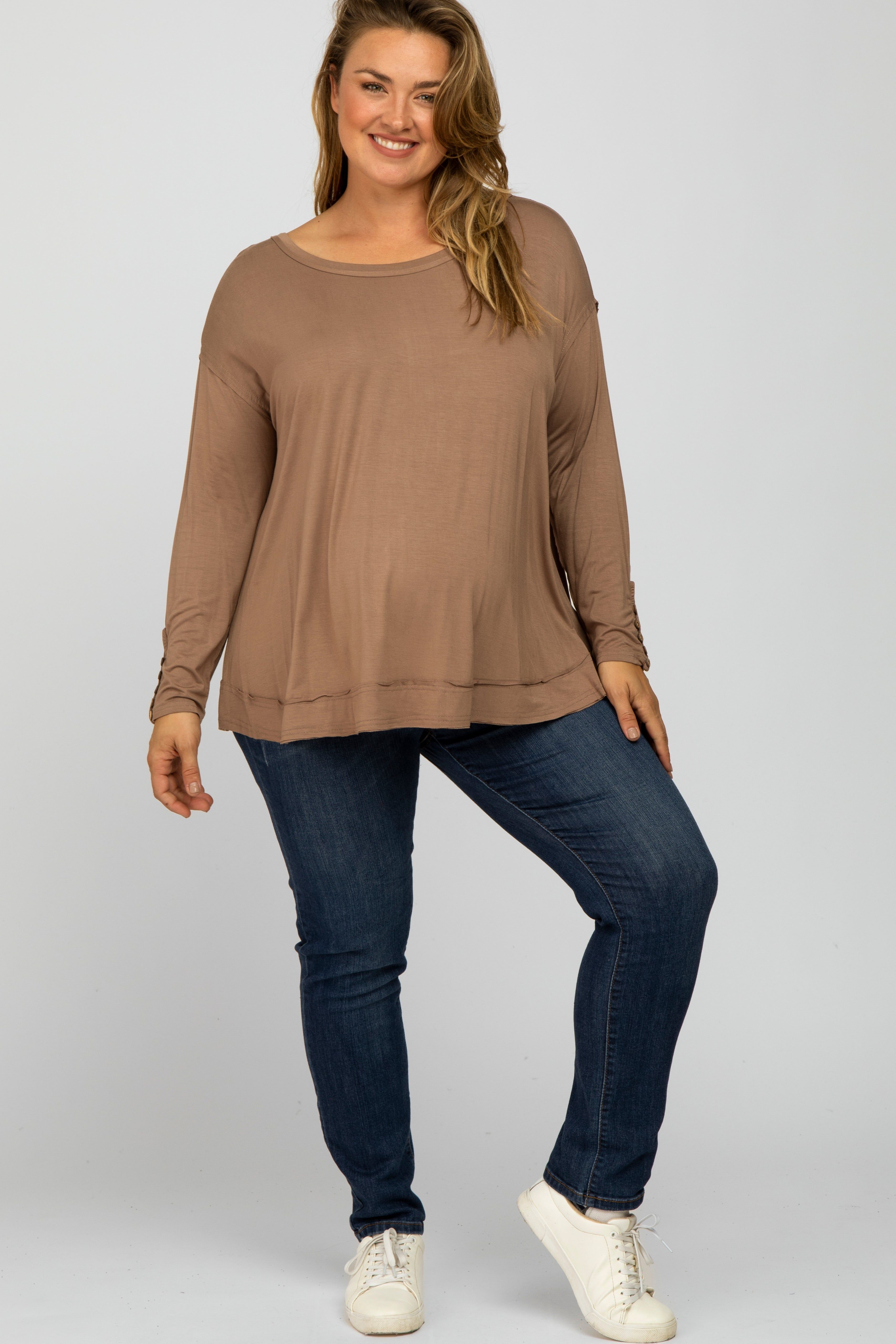 Mocha Button Accent Long Sleeve Maternity Plus Top sold by Pinkblush product image thumbnail 2