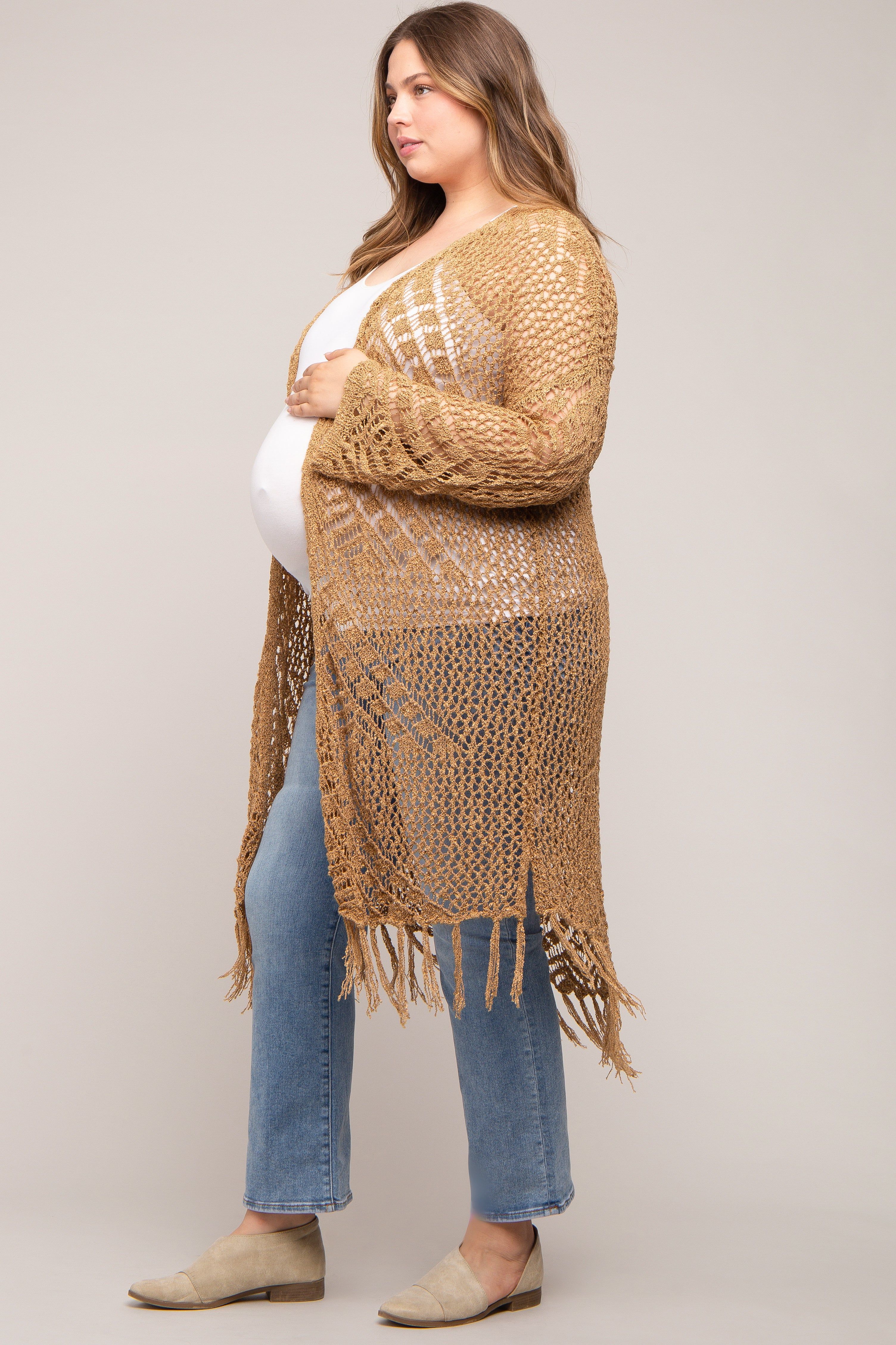 Gold Crochet Fringe Hem Maternity Plus Cardigan sold by Pinkblush product image thumbnail 3