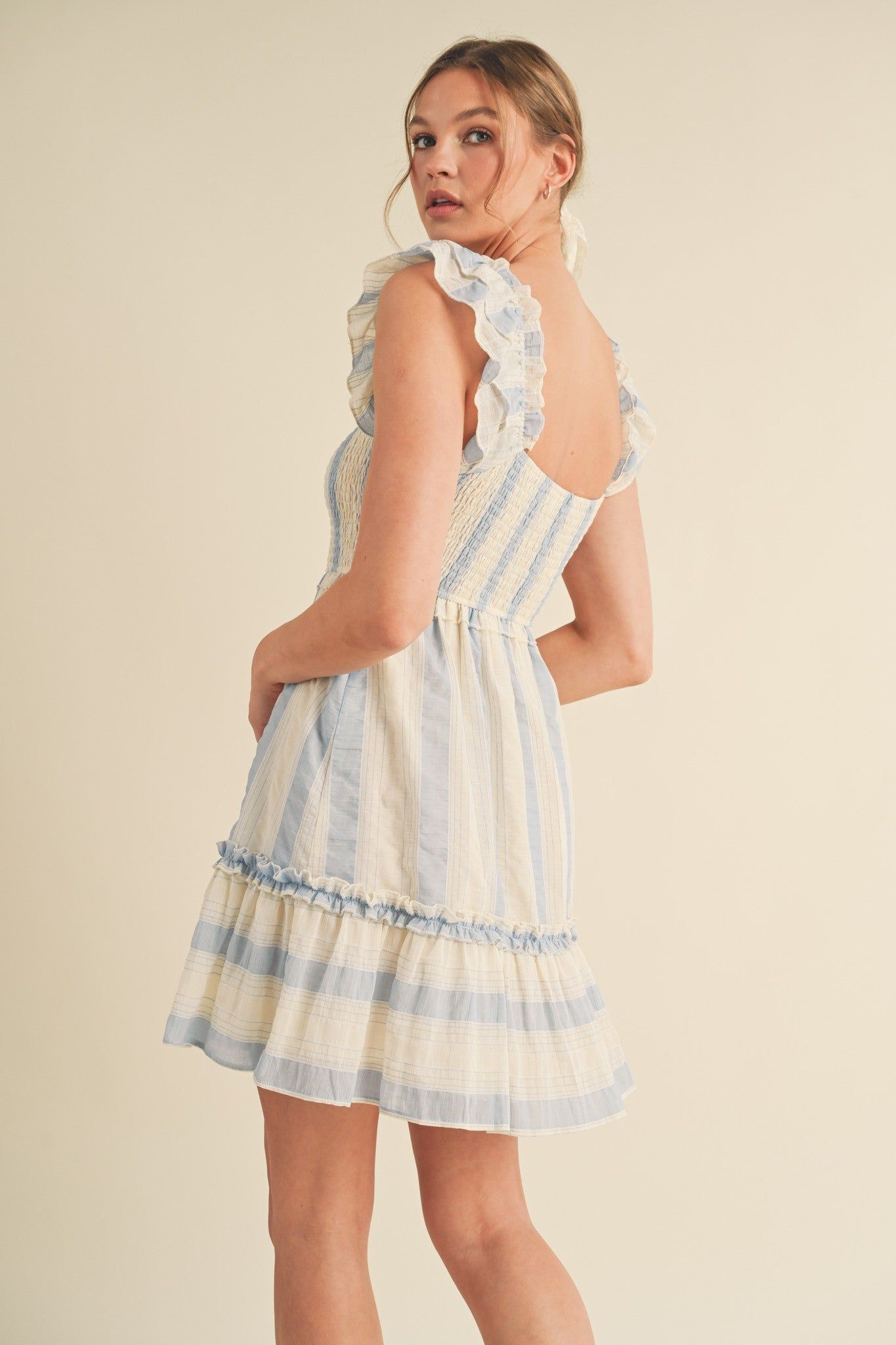 Sky Blue Layered Flutter Sleeve Striped Mini Dress sold by Pinkblush product image thumbnail 4