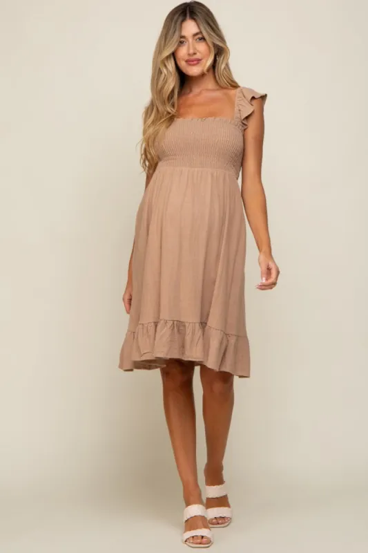Mocha Linen Sleeveless Smocked Maternity Dress sold by Pinkblush